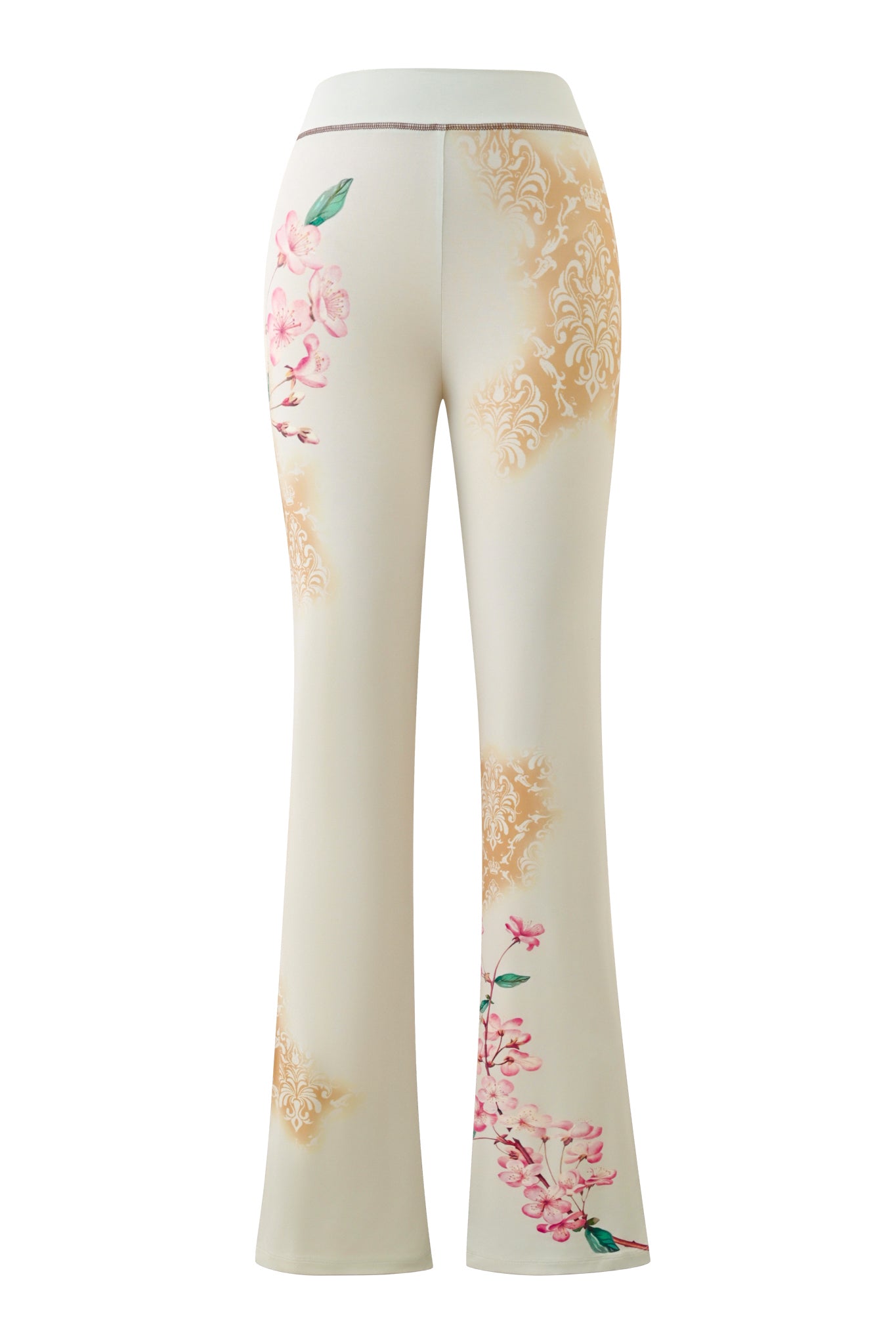 Cream-colored women’s pants with a high waist, featuring pink floral branch motifs and gold damask patterns in a flared silhouette; reminiscent of the elegant I.AM.GIA BLARE TRACKPANT - BLOSSOM from I.AM.GIA.