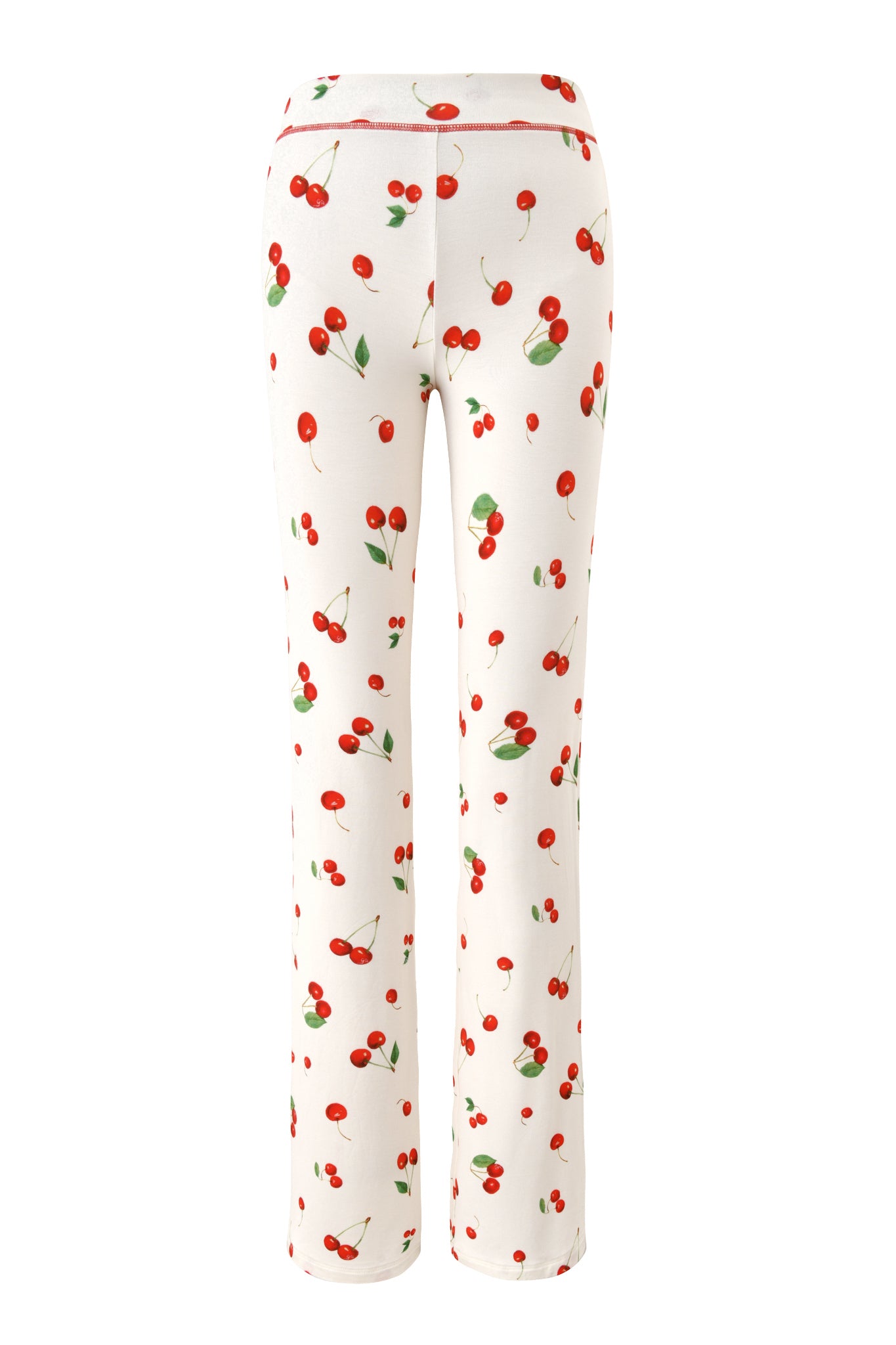 The I.AM.GIA BLARE TRACKPANT - CHERRY ON TOP features a straight-leg fit with an all-over cherry and green leaf print, crafted from soft bamboo fabric. Displayed from the back against a plain white background.