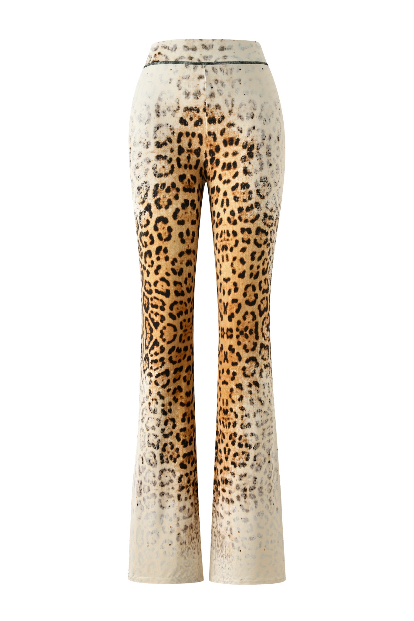 Introducing the BLARE TRACKPANT - CREAM FADED PANTHERA by I.AM.GIA: a high-waisted, flared track pant featuring a striking panthera print in cream tones. Crafted from soft bamboo fabrication, the unique ombre pattern gradually fades toward the hem for a bold and eye-catching effect.