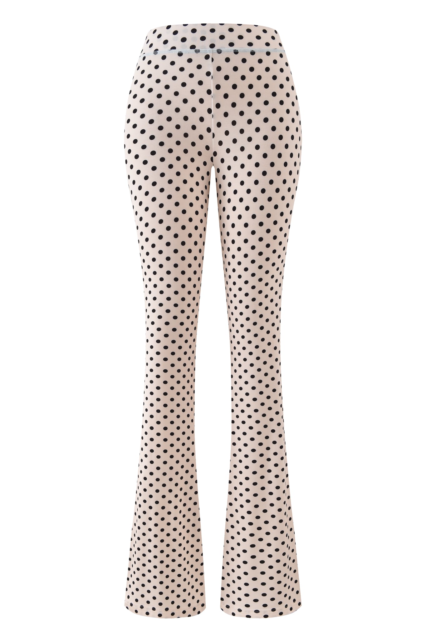 The BLARE TRACKPANT - CREAM POLKA DOT by I.AM.GIA features a high waist, flared leg, and bold black polka dots on a cream base. Displayed against a plain white background.