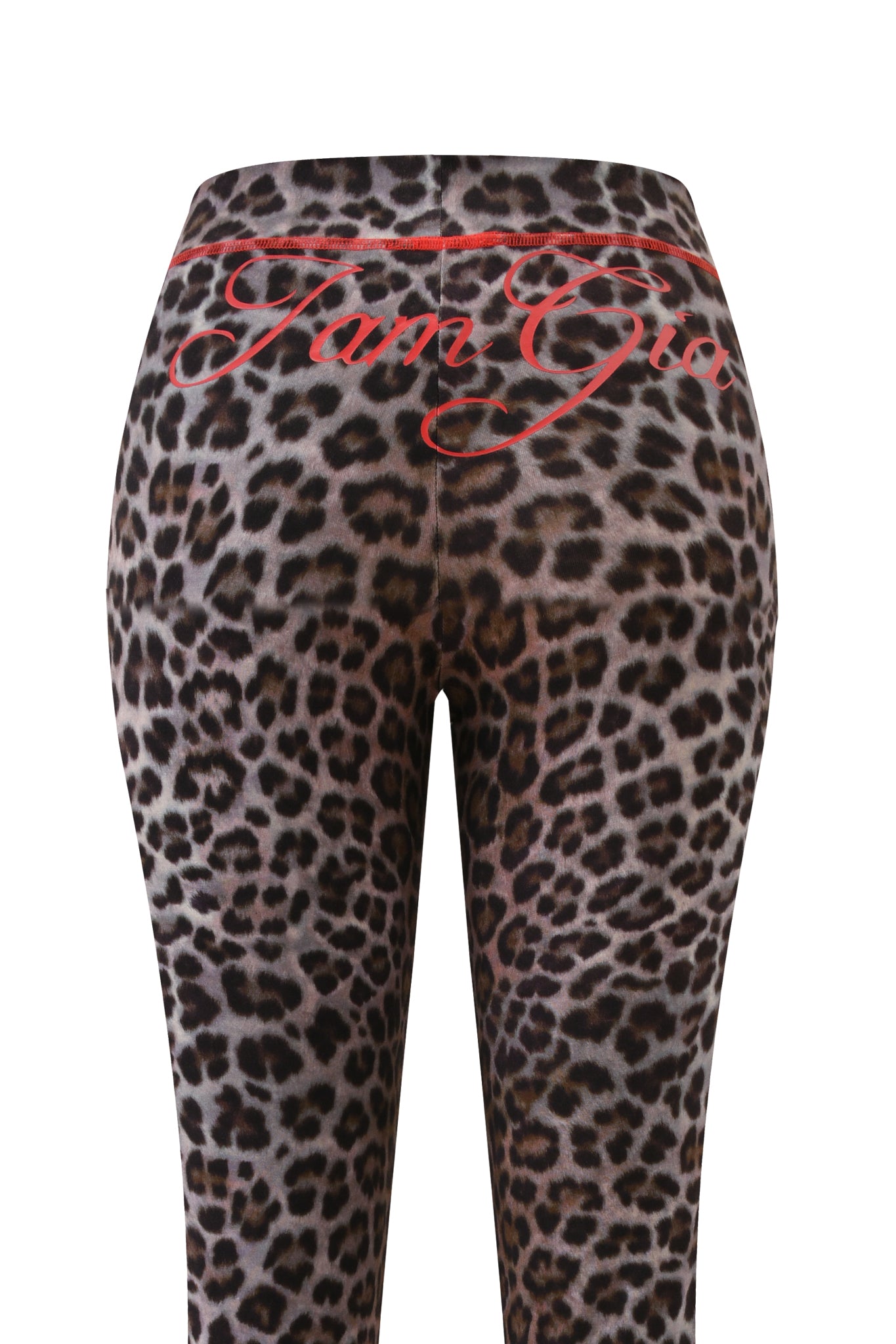 The I.AM.GIA BLARE TRACKPANT - DARK LEOPARD features a dark leopard print and a trendy low-rise waist.