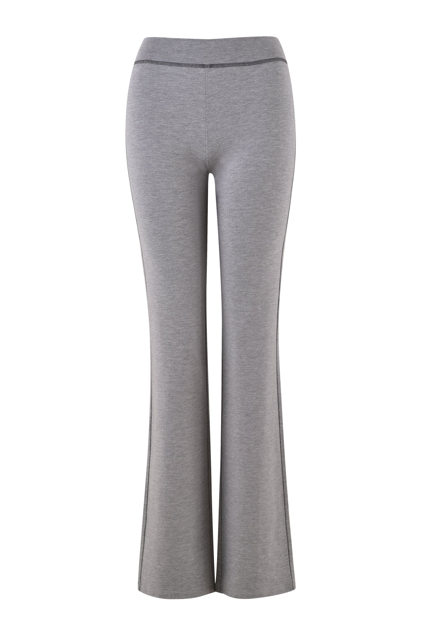 The I.AM.GIA BLARE JERSEY TRACKPANT in Heather Grey features a high-waisted, fitted-through-the-thighs design with flared bottoms, made from stretchy fabric and shown on a white background.