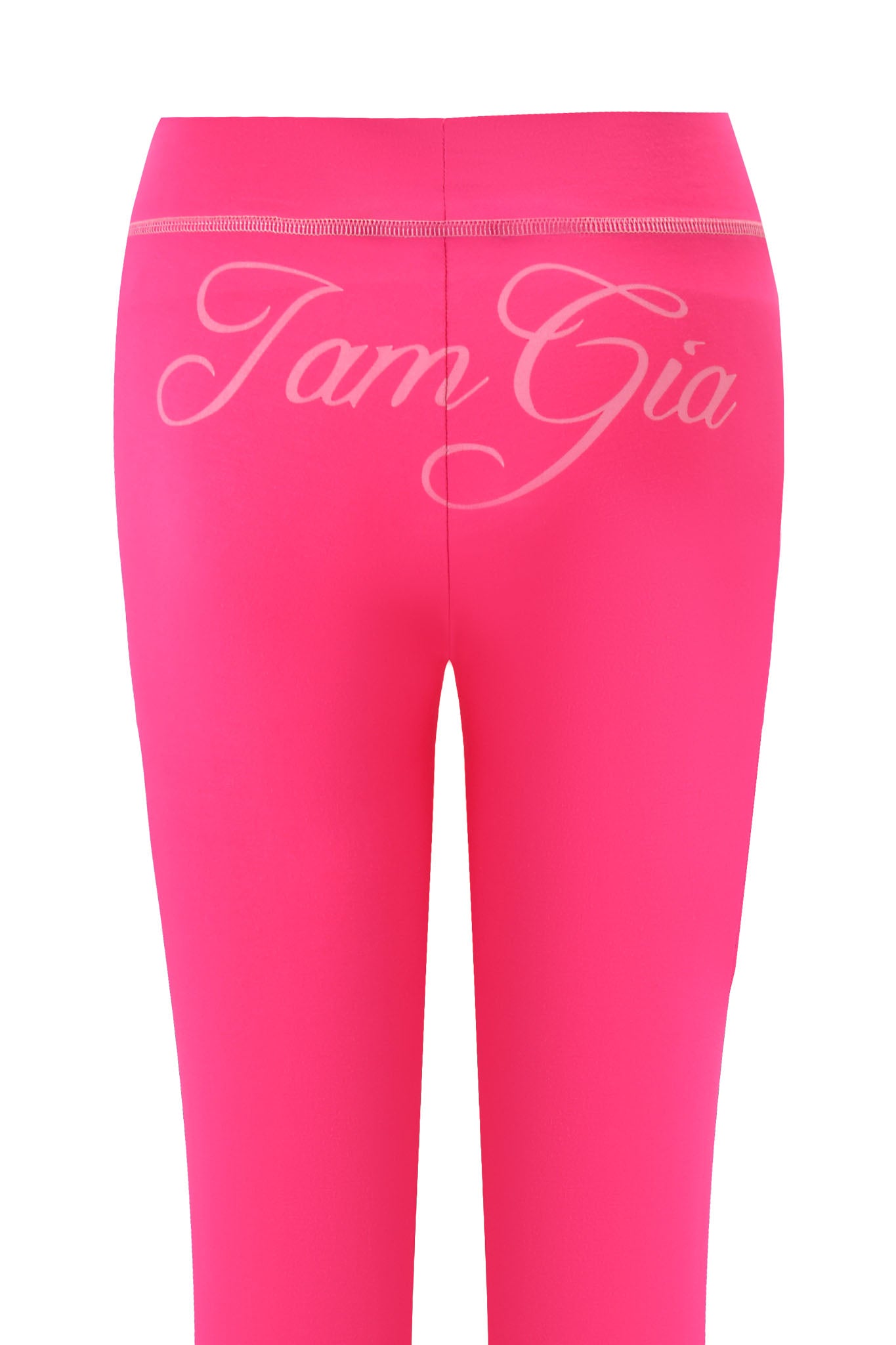 The BLARE TRACKPANT - HOT PINK from I.AM.GIA showcases the signature cursive logo on the back waistband, highlighting its bold design and vibrant color in the image.