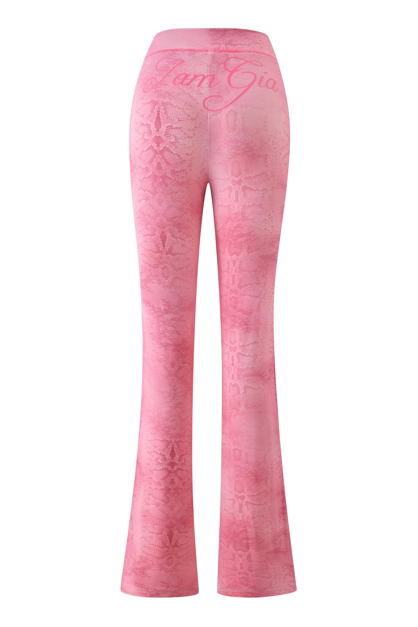 The BLARE TRACKPANT in Light Pink Serpentine by I.AM.GIA, featuring a lace-inspired print and "I.AM.GIA" in cursive across the waistband, shown from the back.