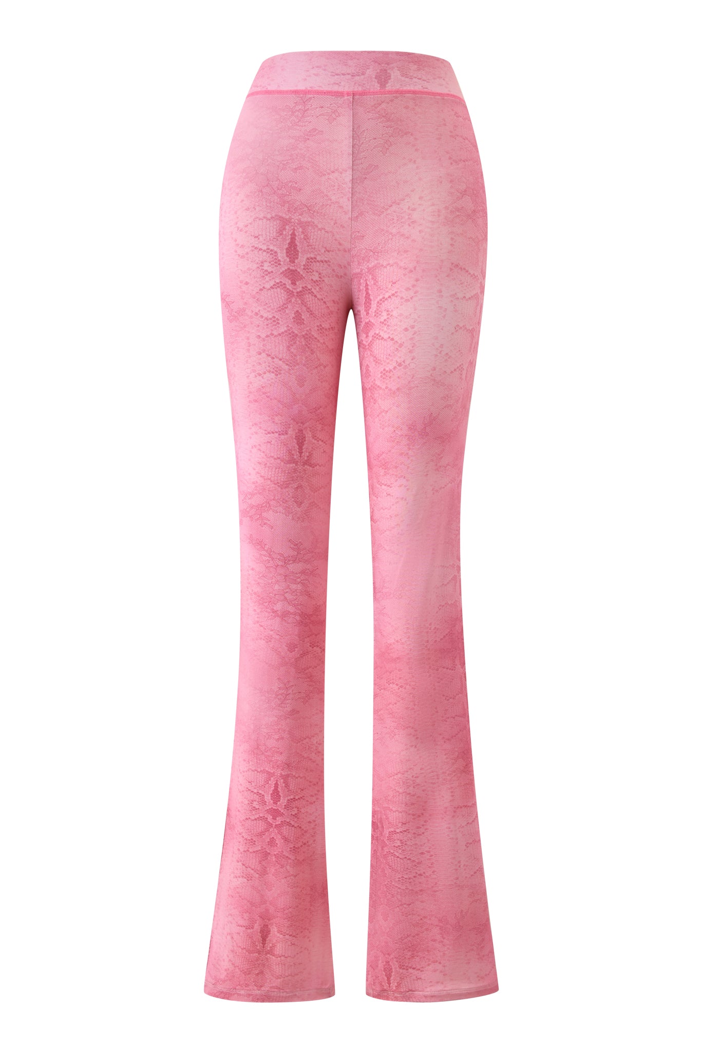 The BLARE TRACKPANT - LIGHT PINK SERPENTINE by I.AM.GIA is a high-waisted, flared trackpant with a subtle serpentine print, shown from the back against a white background.