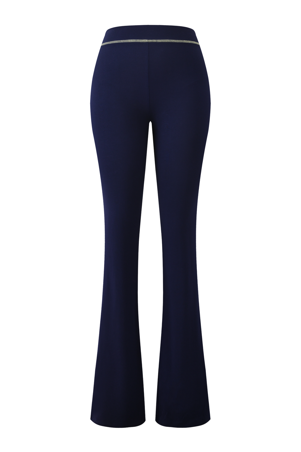 The BLARE TRACKPANT - NAVY by I.AM.GIA features a fitted waist and a slight bell-bottom silhouette, evoking classic trackpant style, shown from the back against a plain white background.