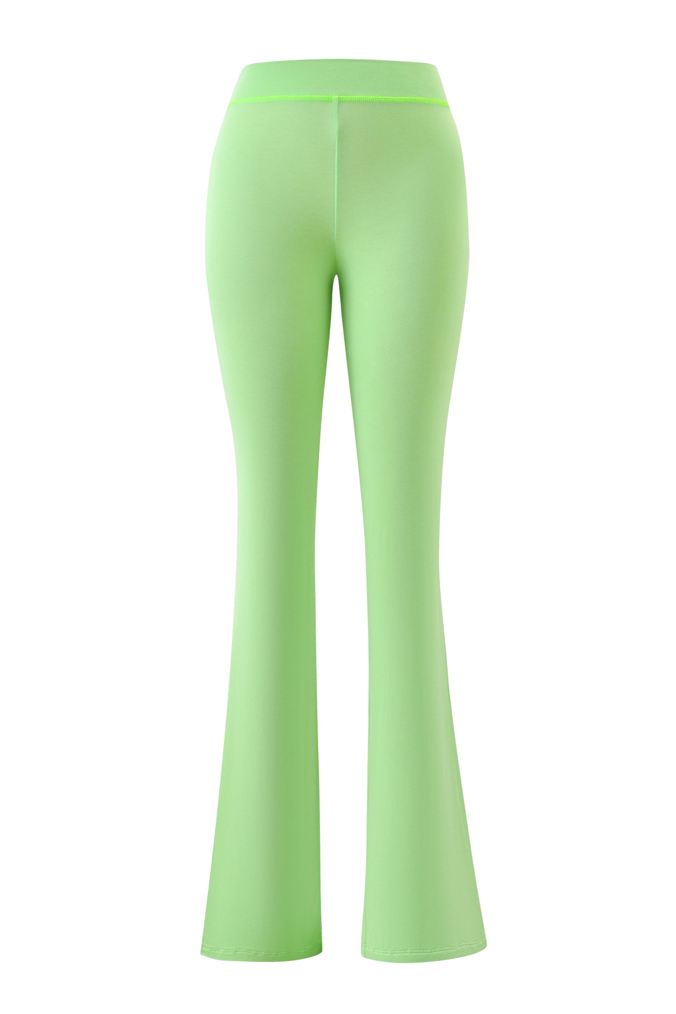 The BLARE TRACKPANT - NEON GREEN by I.AM.GIA is shown from the back, featuring a high-waisted smooth fit, slightly stretchy fabric, and signature logo detailing.