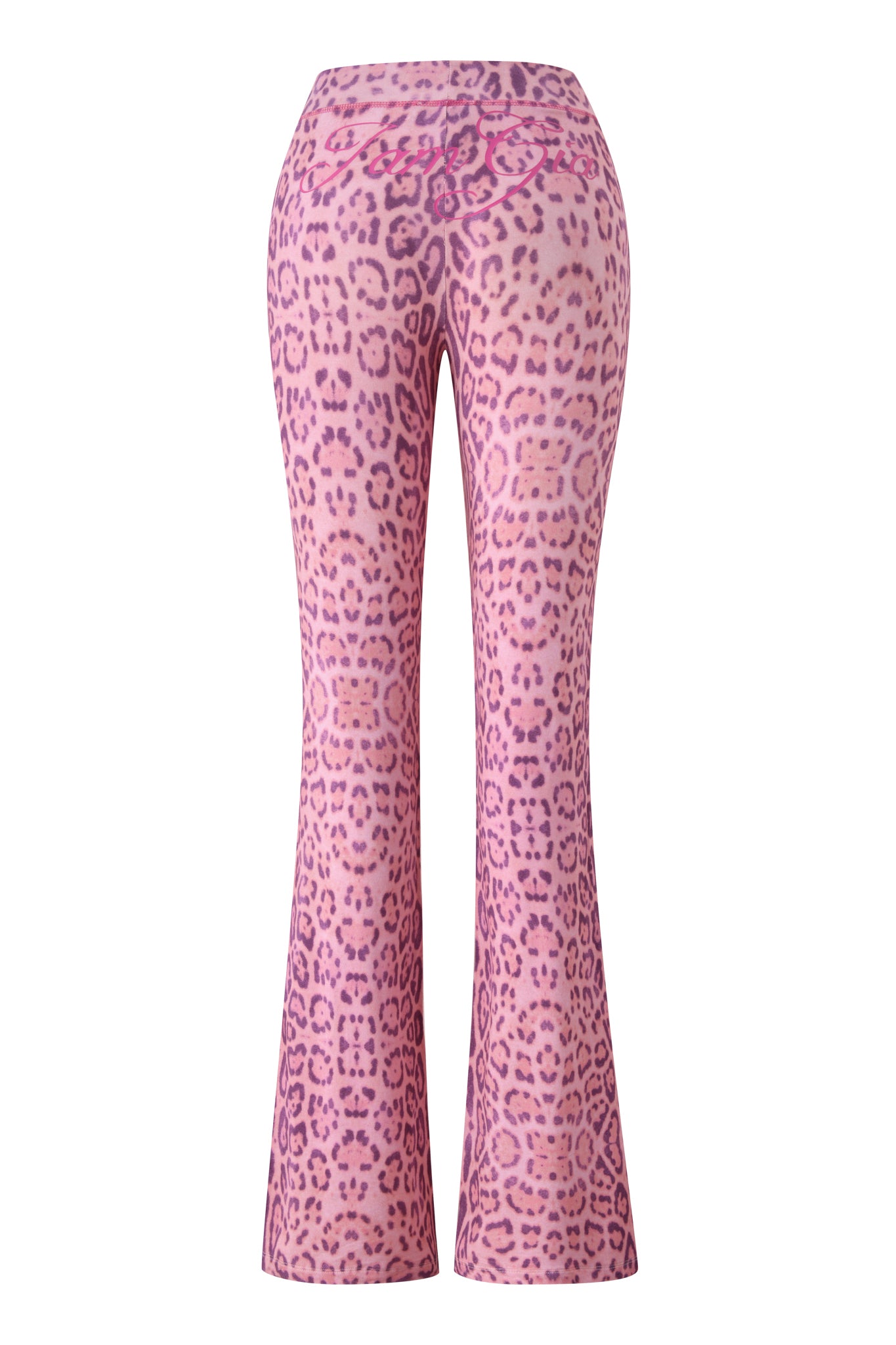 The I.AM.GIA BLARE TRACKPANT - PINK PANTHERA features a high-waisted, flared fit with a pink and purple leopard print, inspired by Pink Panthera, shown from the back against a white background.