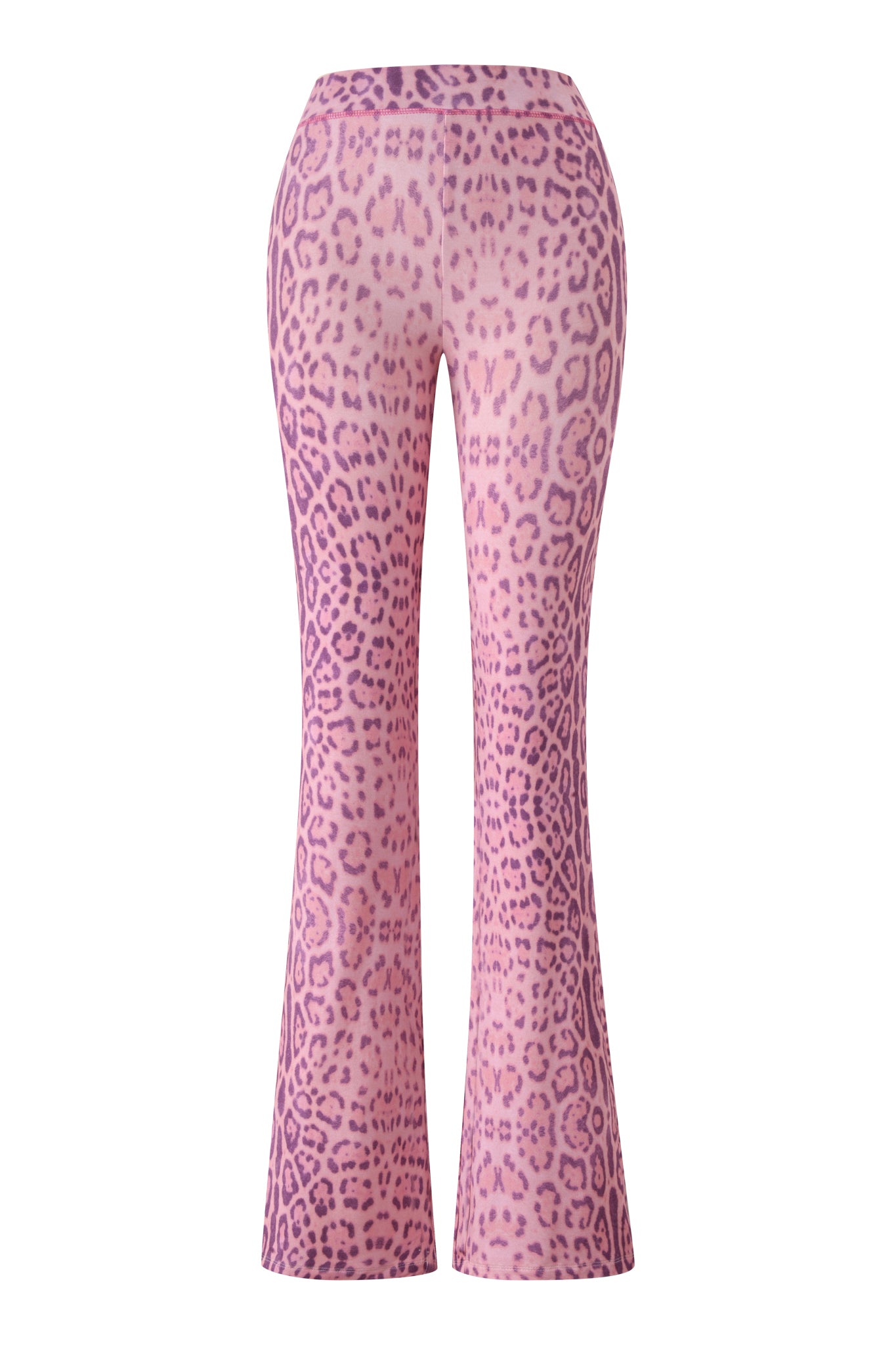 The I.AM.GIA BLARE TRACKPANT - PINK PANTHERA features a high-waisted, flared-leg design with a vivid pink and purple leopard print, shown on a white background.