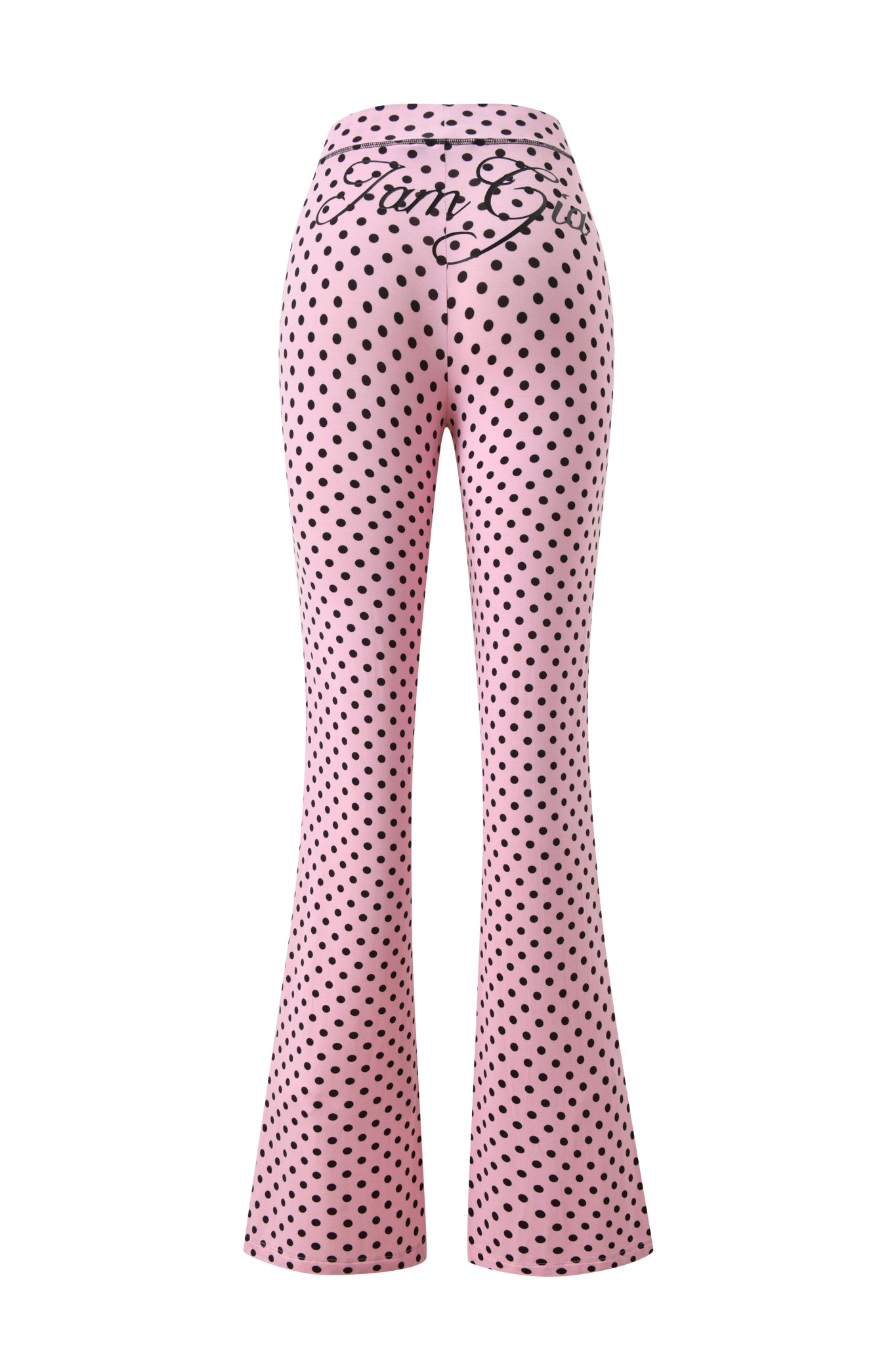 The I.AM.GIA BLARE TRACKPANT - PINK POLKA DOT features high-waisted, bell-bottoms with a pink polka dot print and “Fairy Girl” in black script across the back waistband.