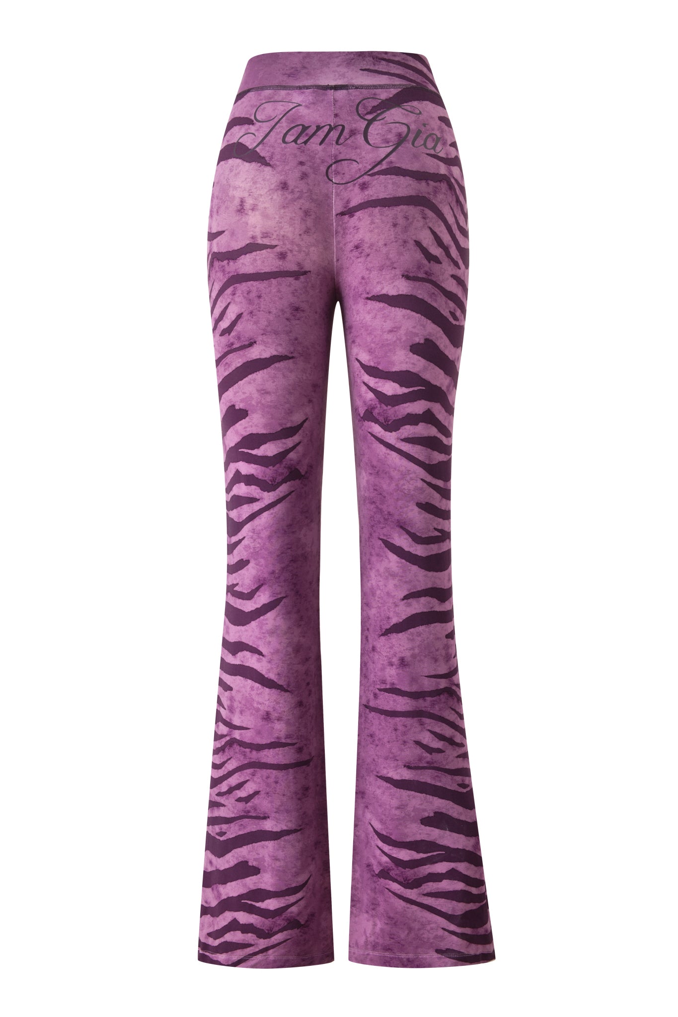 The I.AM.GIA BLARE TRACKPANT - PLUM WILD SIDE features a high waist, dark purple tiger stripes, flared leg, and "I am Gia" in cursive on the waistband.