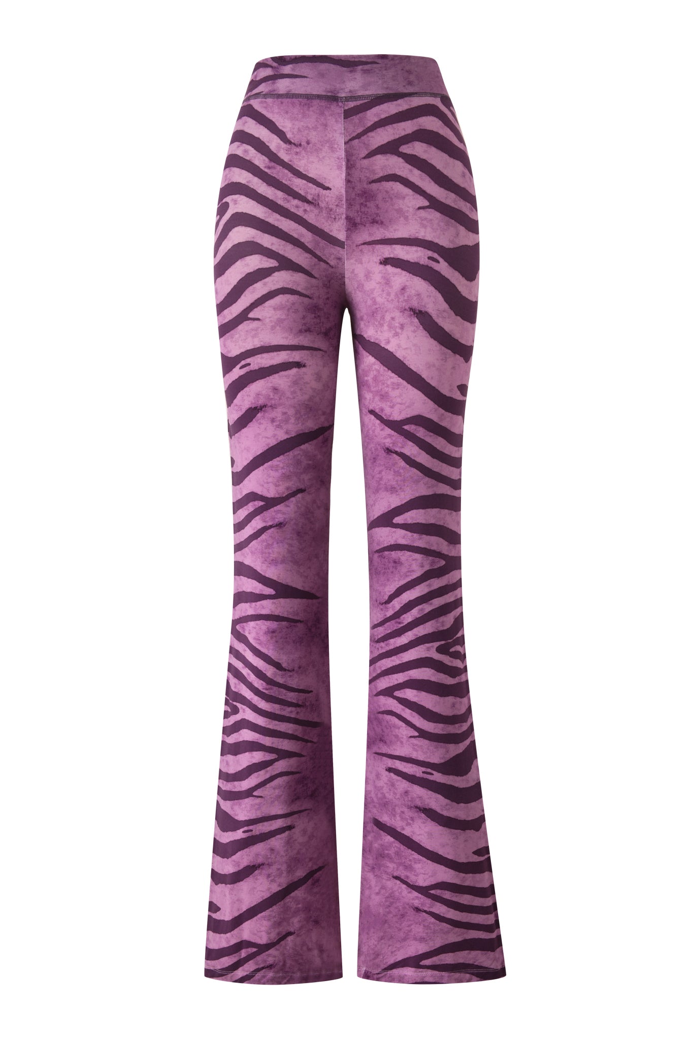I.AM.GIA BLARE TRACKPANT - PLUM WILD SIDE: High-waisted, flared purple pants with bold dark purple zebra stripes, displayed on a white background.