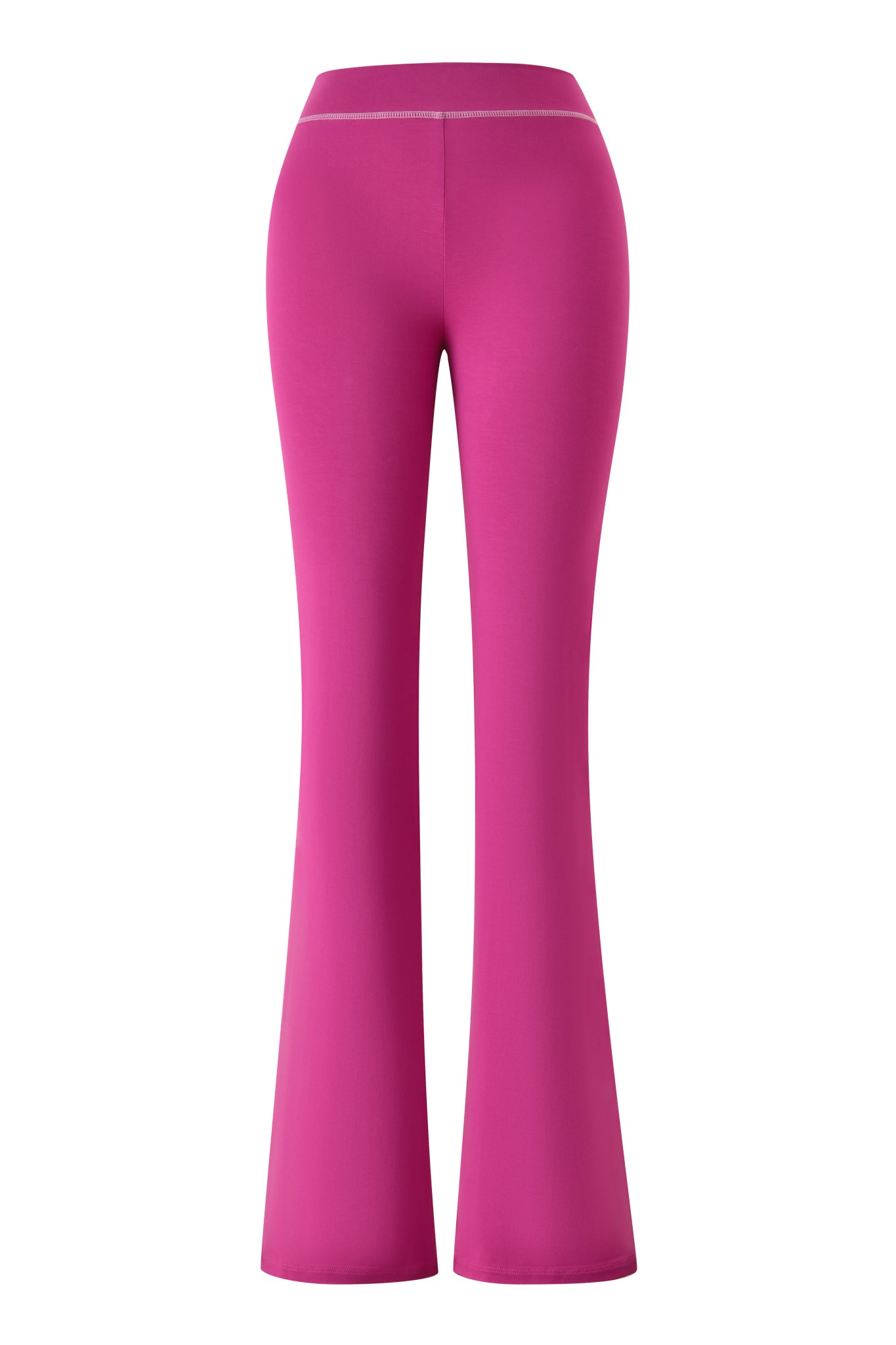 The I.AM.GIA BLARE TRACKPANT - RASPBERRY is shown from the back against a white background. These high-waisted, flared pants feature smooth, stretchy fabric that hugs the hips and thighs before flaring below the knees.