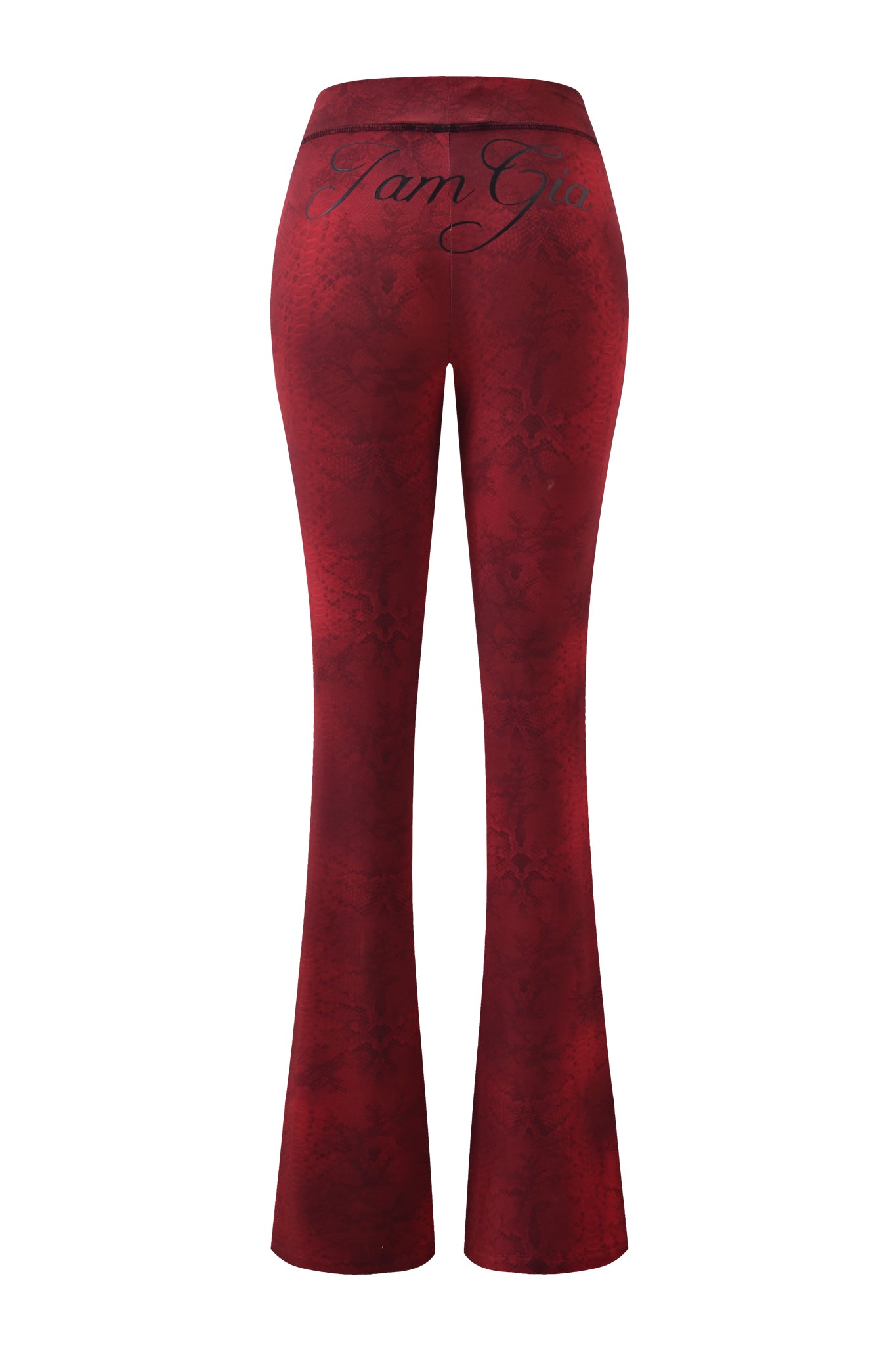 The BLARE TRACKPANT - RED SERPENTINE by I.AM.GIA features a high waist, subtle red serpentine print, and "I Am Gia" in black script on the back waistband.