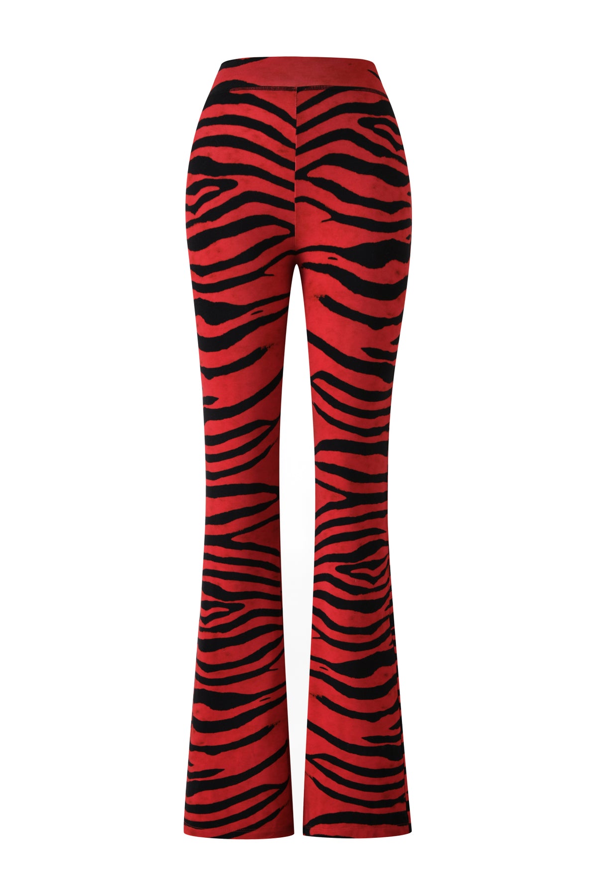 Red flared pants with a bold black zebra stripe pattern, shown from the back on a white background. These striking BLARE TRACKPANT - RED WILD SIDE by I.AM.GIA feature the signature logo, elevating classic red zebra print trackpants with an edgy, fashion-forward twist.