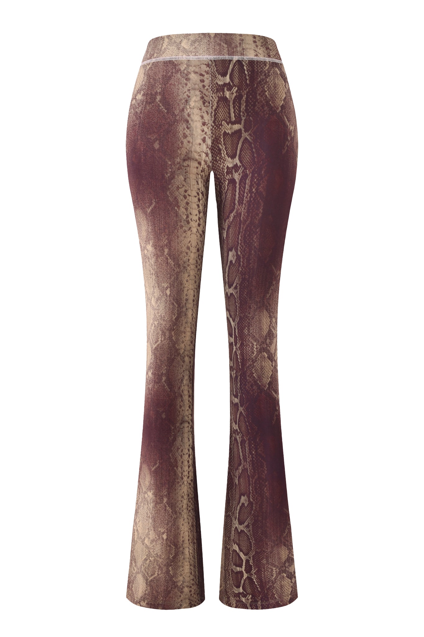 The I.AM.GIA BLARE TRACKPANT - SNAKE features a high-waisted, flared fit in brown and beige snake print bamboo fabric, shown from the back against a plain white background.