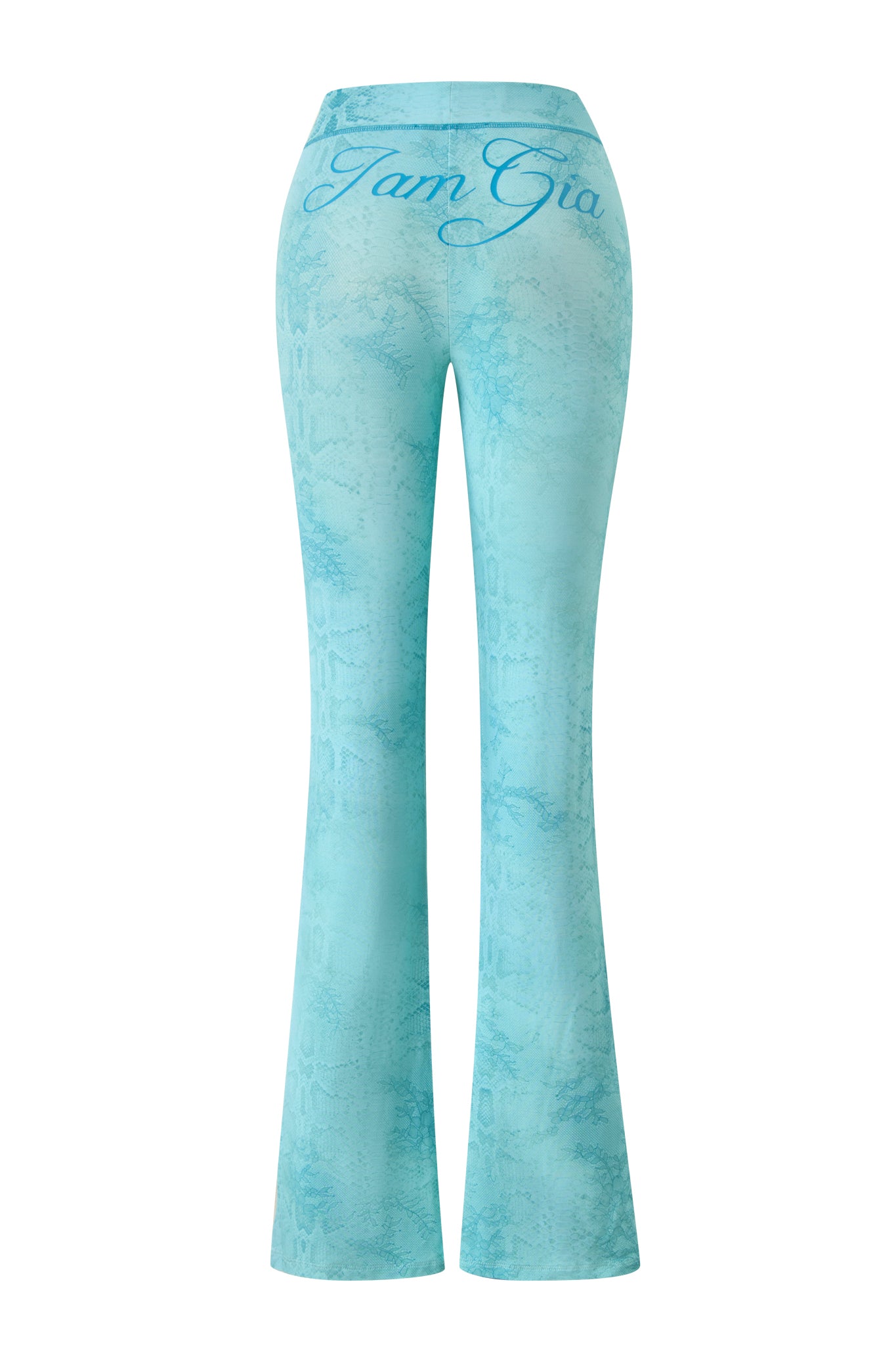 A pair of high-waisted, teal BLARE TRACKPANT flared leg pants by I.AM.GIA, featuring a subtle serpentine pattern and "I.AM.GIA" in cursive across the back waistband.