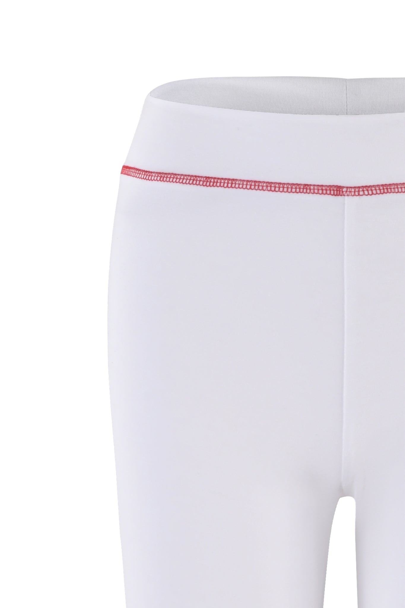 Close-up view of the BLARE TRACKPANT - WHITE by I.AM.GIA, featuring a red stitch detail around the low-rise waistband. The stretchy bamboo and jersey fabrication appears smooth and flexible against the plain white background.
