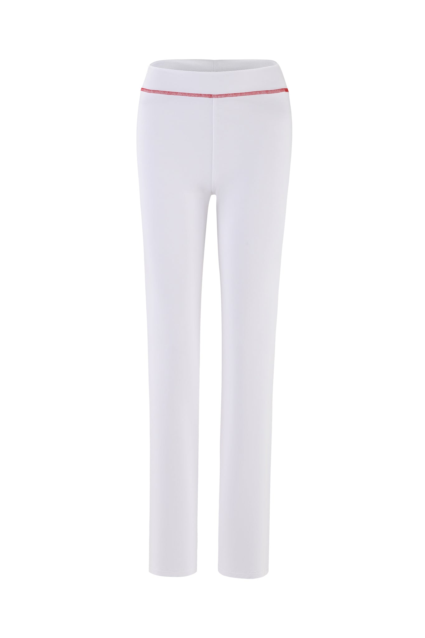 The BLARE TRACKPANT - WHITE by I.AM.GIA showcases a pair of white, straight-leg pants made from a stretchy blend of bamboo and jersey fabric. A slender red line detail near the top of the high waistband accentuates its sleek, minimalist design, featuring no visible pockets or fasteners.