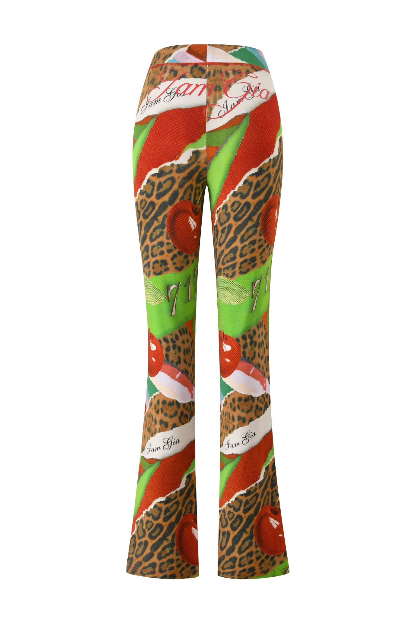 I.AM.GIA's BLARE TRACKPANT - WILD CHERRY features a high waist, leopard print collage with green stripes and red accents, "Jam Gia" detailing, flared leg style, and bamboo fabrication for women.