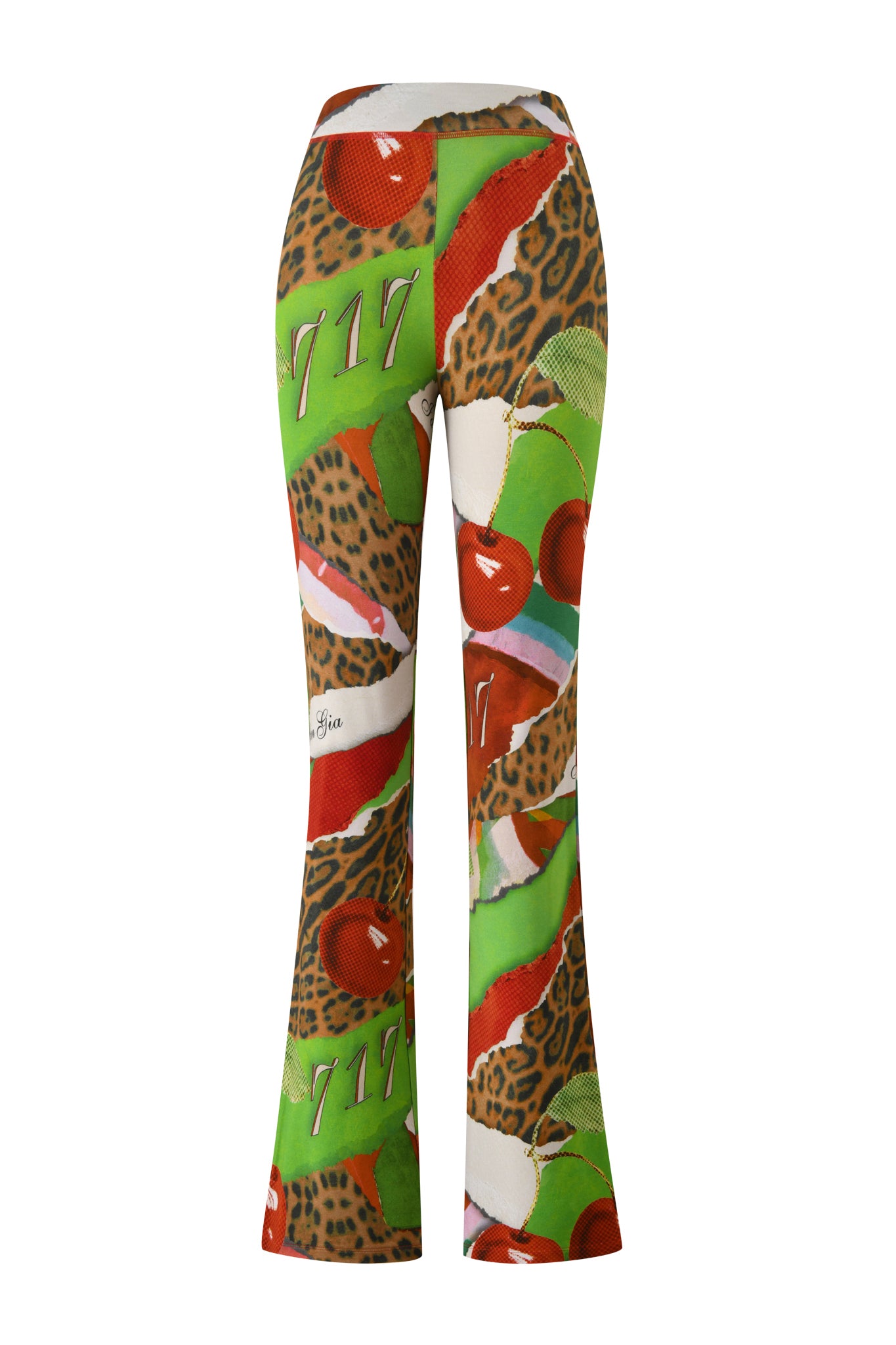 Back view of the I.AM.GIA BLARE TRACKPANT - WILD CHERRY, showcasing a vibrant bamboo fabric with a playful print of green and brown leopard spots, cherries, red lips, white dice, and 717 details.