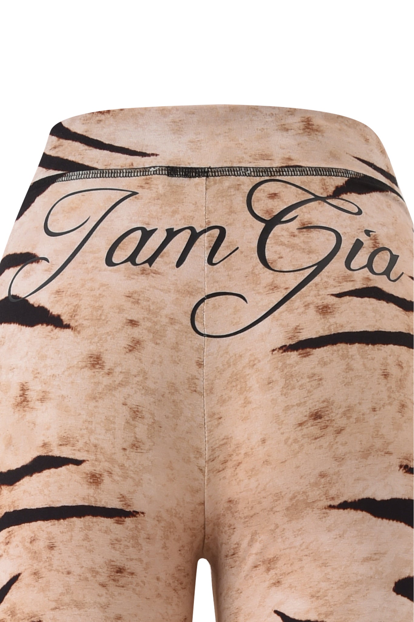 Close-up of the BLARE TRACKPANT - WILD SIDE by I.AM.GIA, showcasing beige and brown tiger stripes with "I.AM.GIA" in black script on the waistband.
