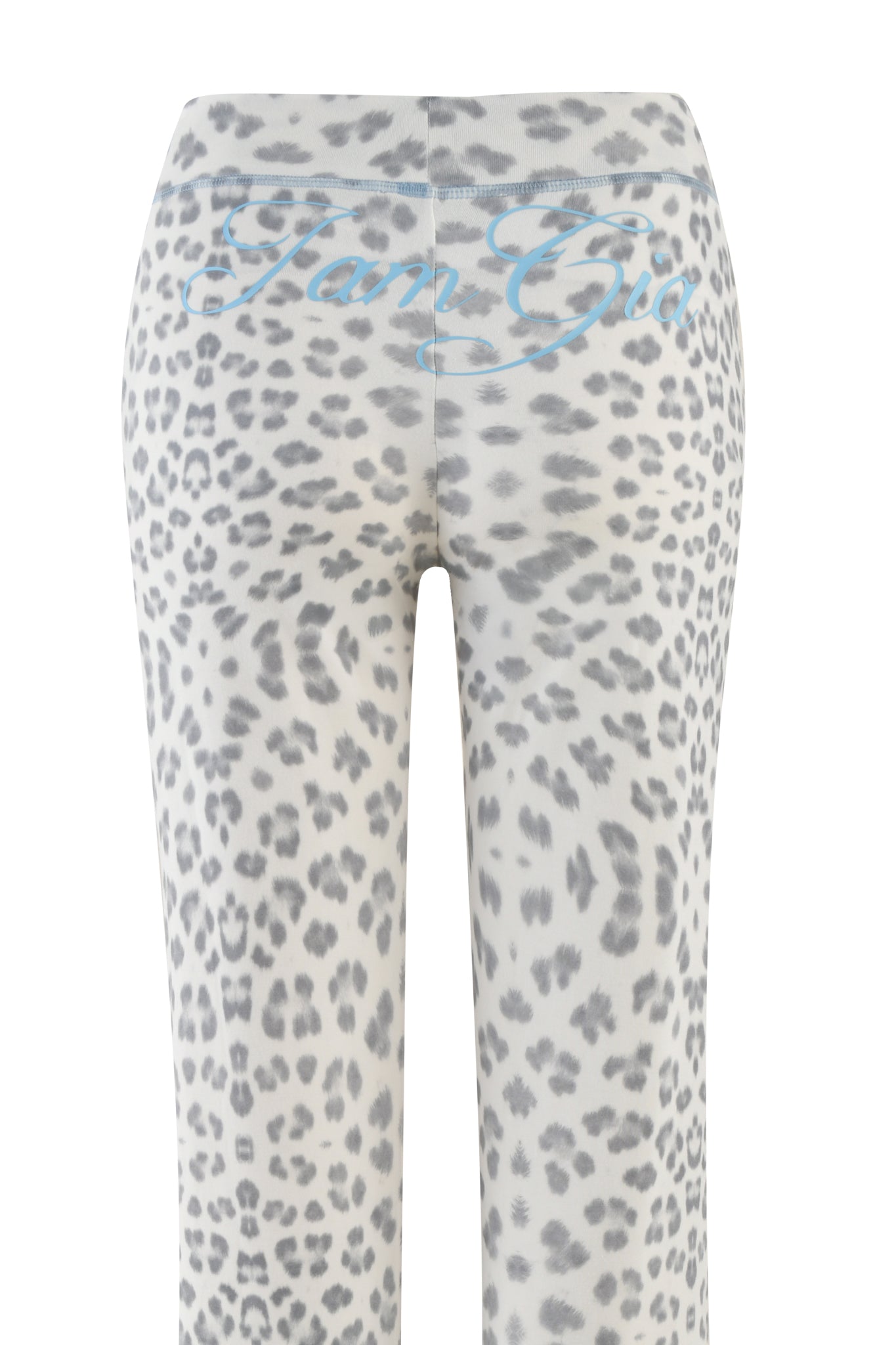 Winter Wild Card's BLARE TRACKPANT in Snow Leopard from I.AM.GIA features a blue script design on the waistband, showcasing the brand logo for a bold statement.
