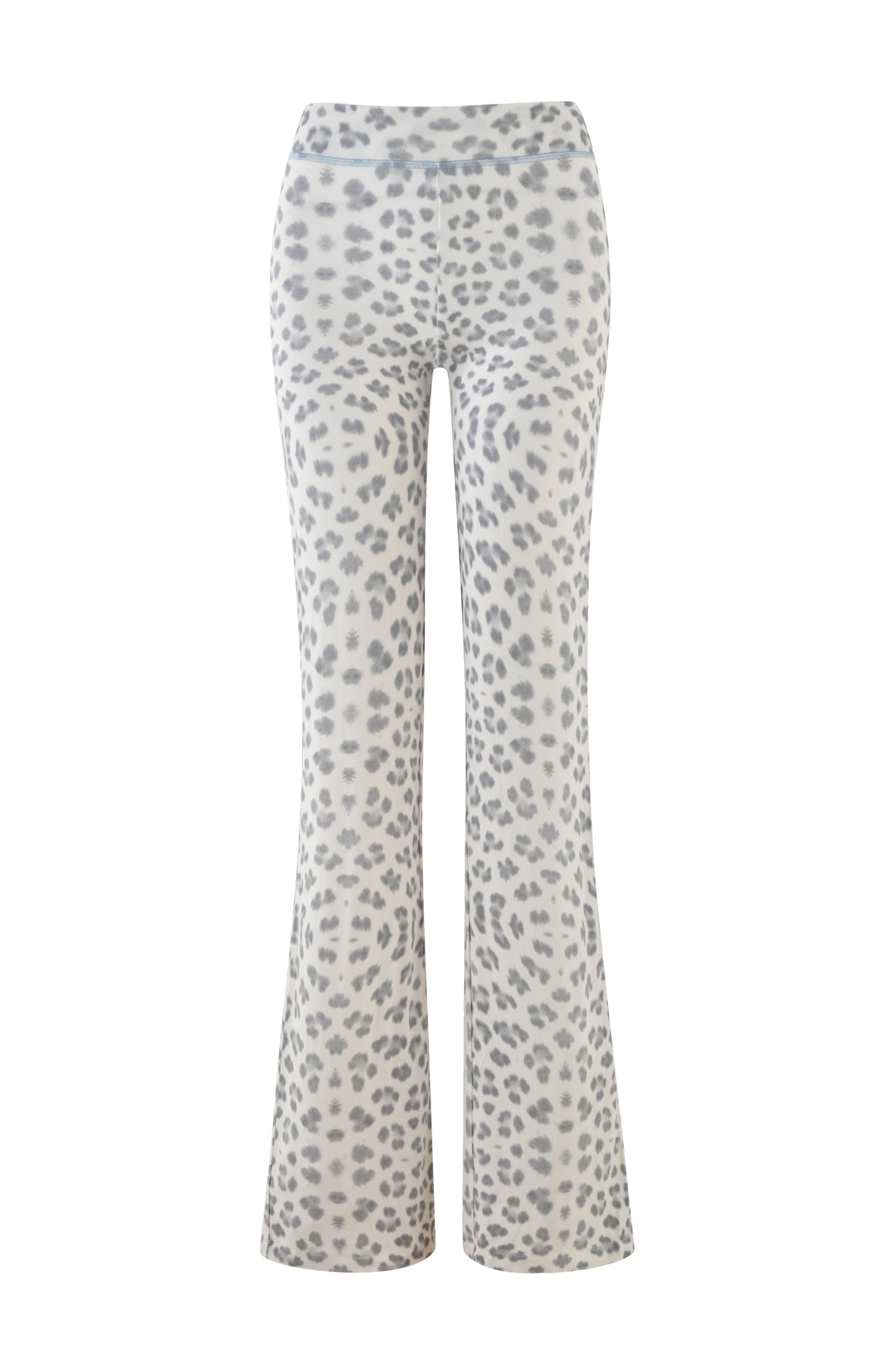 Snow leopard print flared track pants on a white background, showcasing the subtle I.AM.GIA logo. Product: BLARE TRACKPANT - SNOW LEOPARD : WINTER WILD CARD by I.AM.GIA.