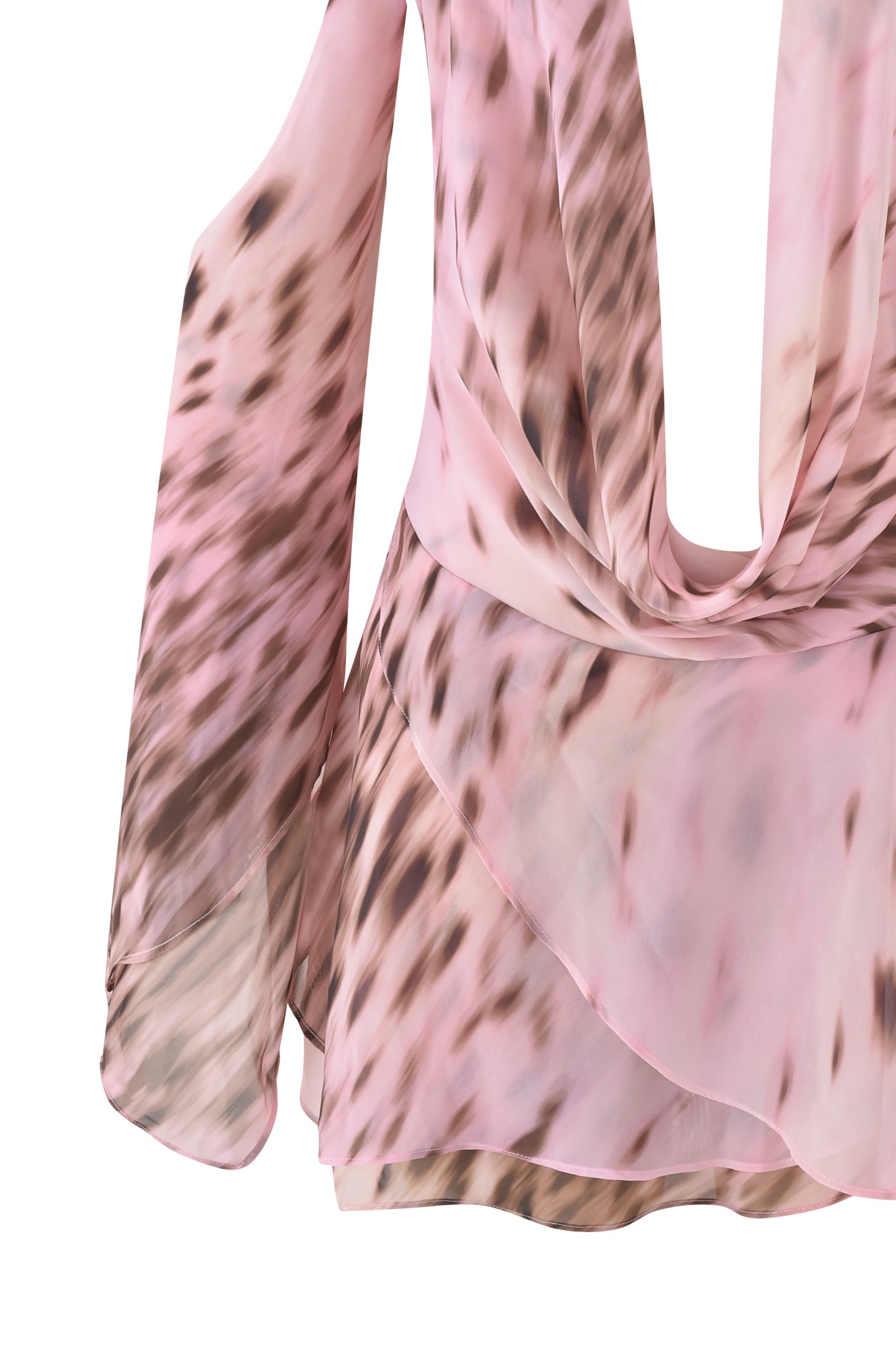 A close-up of the ROSANNA COWL HALTER MINI DRESS by I.AM.GIA, featuring a blurred cheetah print in pink hues and a draped cowl neckline.