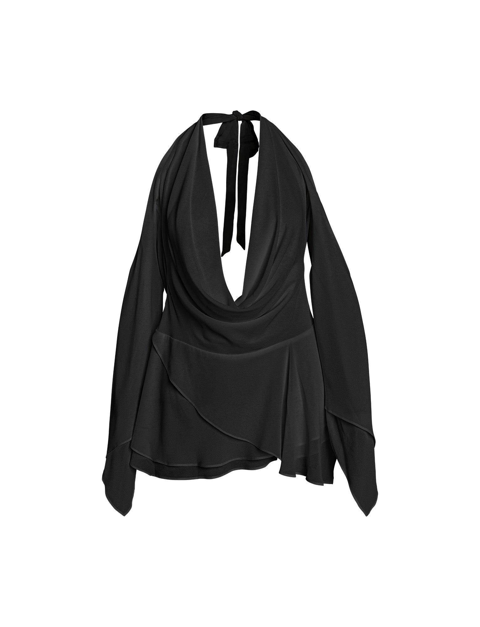 The ROSANNA MINI DRESS - BLACK by I.AM.GIA is a black, long-sleeved halter mini dress with a plunging cowl neckline and a flowing, layered design. It features an adjustable halter-neck tie at the neck that offers draping fabric for an elegant and stylish appearance.