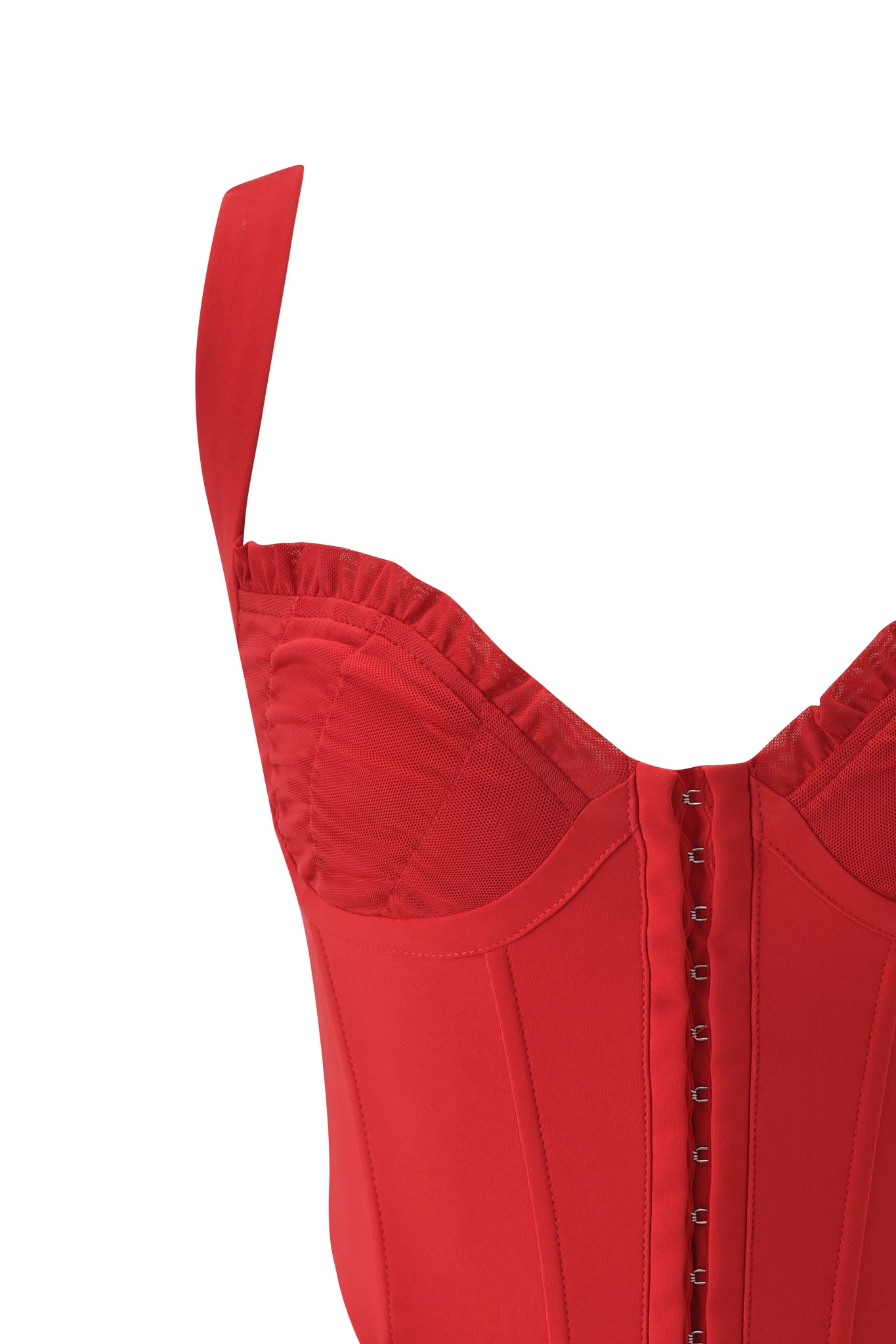 Close-up of the I.AM.GIA BRI CORSET - RICH RED, featuring structured boning, hook-and-eye front closures, and adjustable shoulder straps, displayed against a white background.