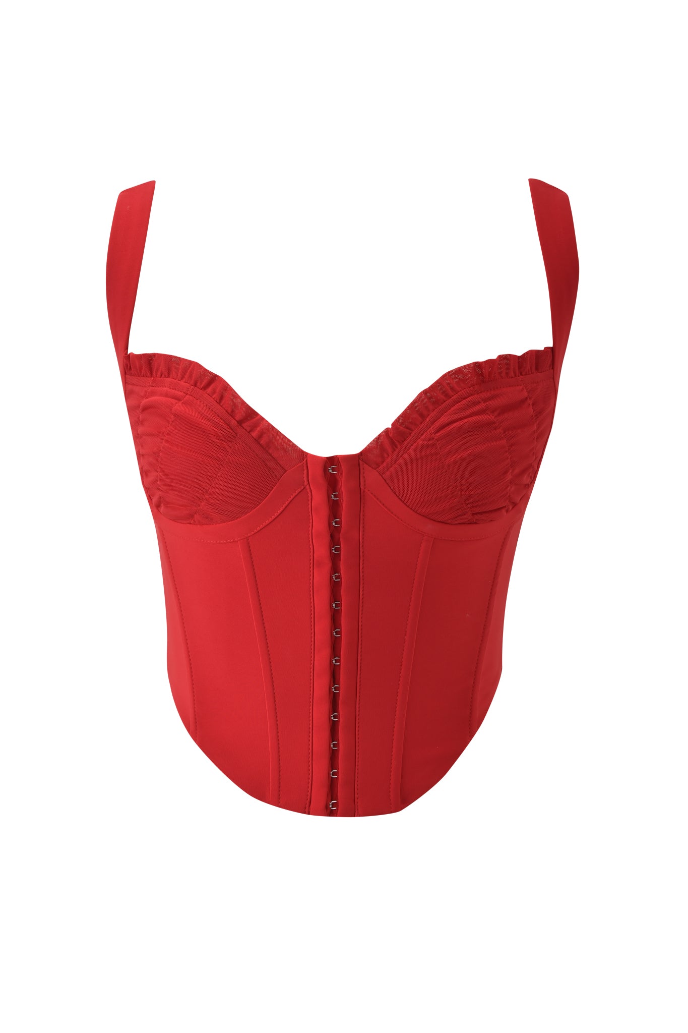 The I.AM.GIA BRI CORSET - RICH RED is a corset-style top with structured boning, underwire cups, ruffled bust trim, adjustable straps, and front hook-and-eye closures, shown against a plain white background.