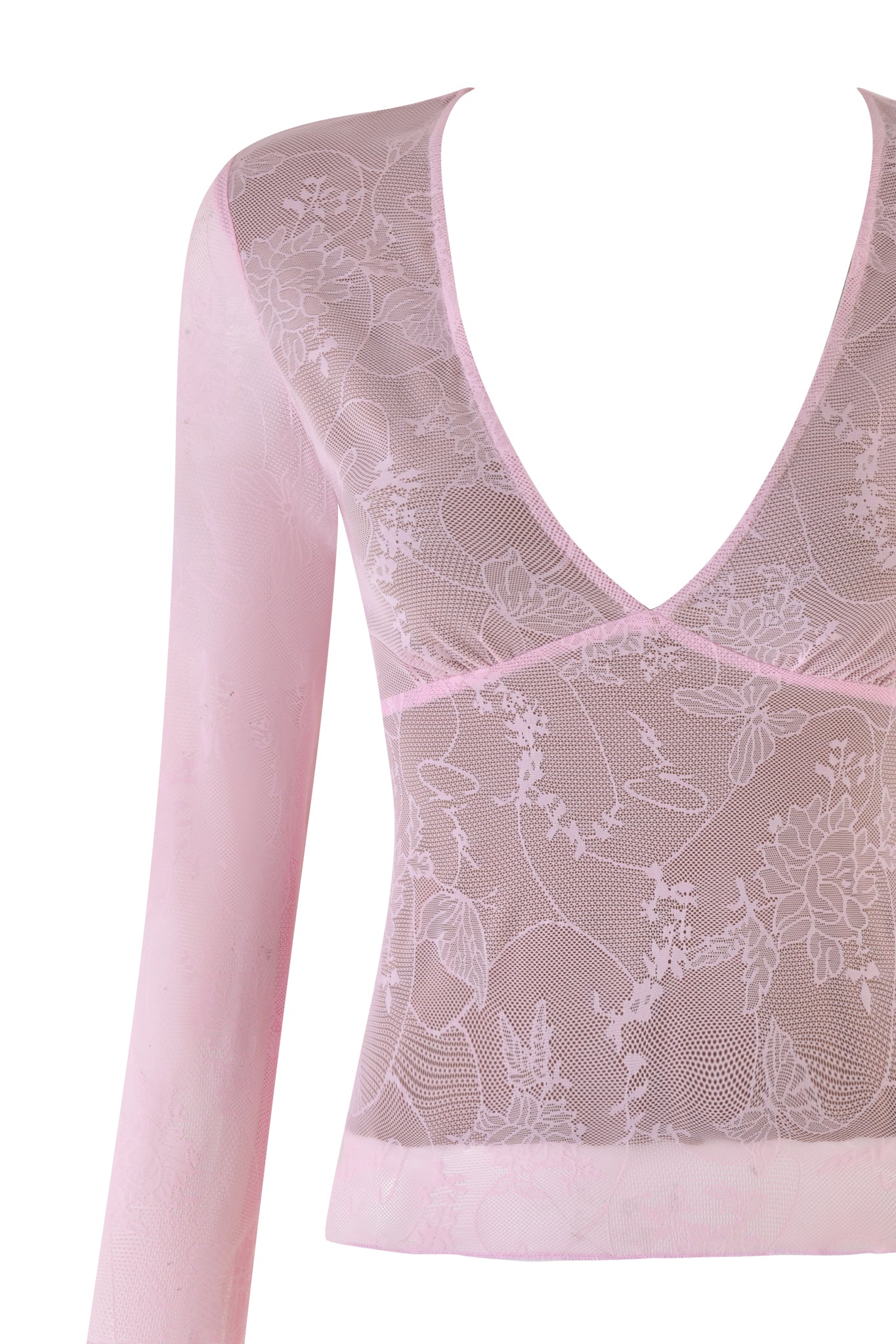 The YVETTE TOP - PINK by I.AM.GIA is a sheer long-sleeve masterpiece in baby pink, showcasing exquisite butterfly lace patterns against a white background. Its V-neck design and bodycon fit add an elegant touch to the garment, making it perfect for any sophisticated ensemble.