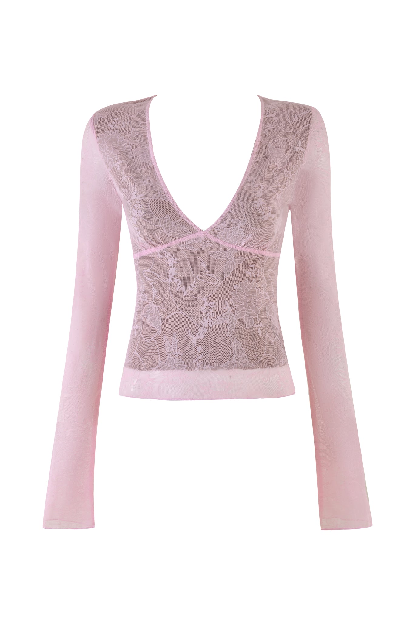The YVETTE TOP - PINK : BABY PINK by I.AM.GIA is a sheer mesh long-sleeved top in baby pink, featuring intricate floral embroidery and a deep V-neckline. It is adorned with butterfly lace details, offering a design that is both lightweight and elegantly feminine.