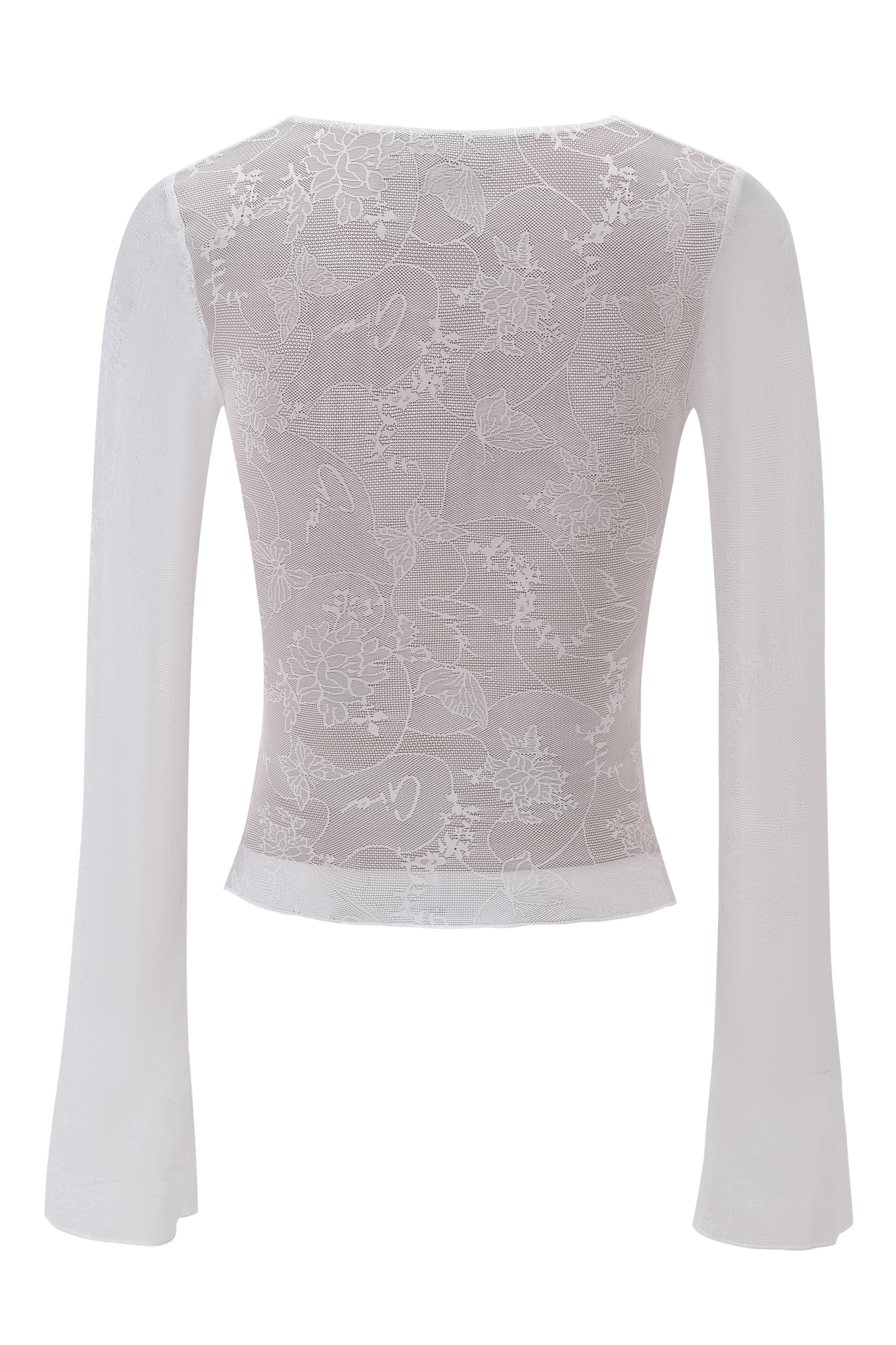 The YVETTE TOP - WHITE : BUTTERFLY LACE by I.AM.GIA is a sheer white long-sleeve bodysuit with delicate floral lace, a fitted waist, and high-cut bottom, shown from the back.