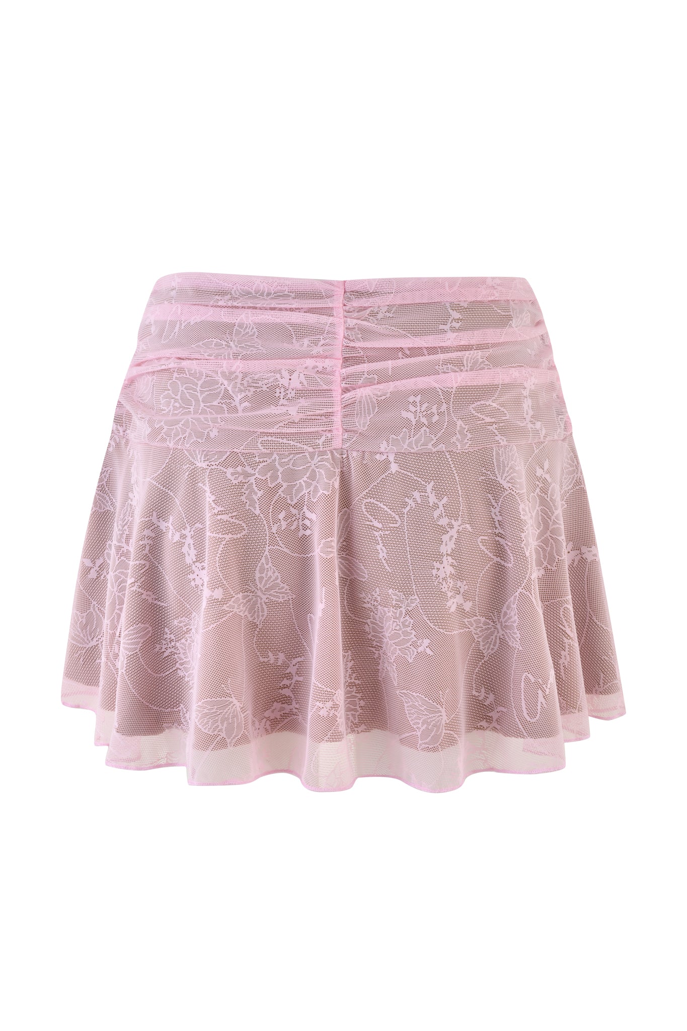 The I.AM.GIA Yvette Skirt in baby pink showcases a low-rise mini style, crafted from lace with an intricate floral design and a flared silhouette that offers a slightly sheer look.
