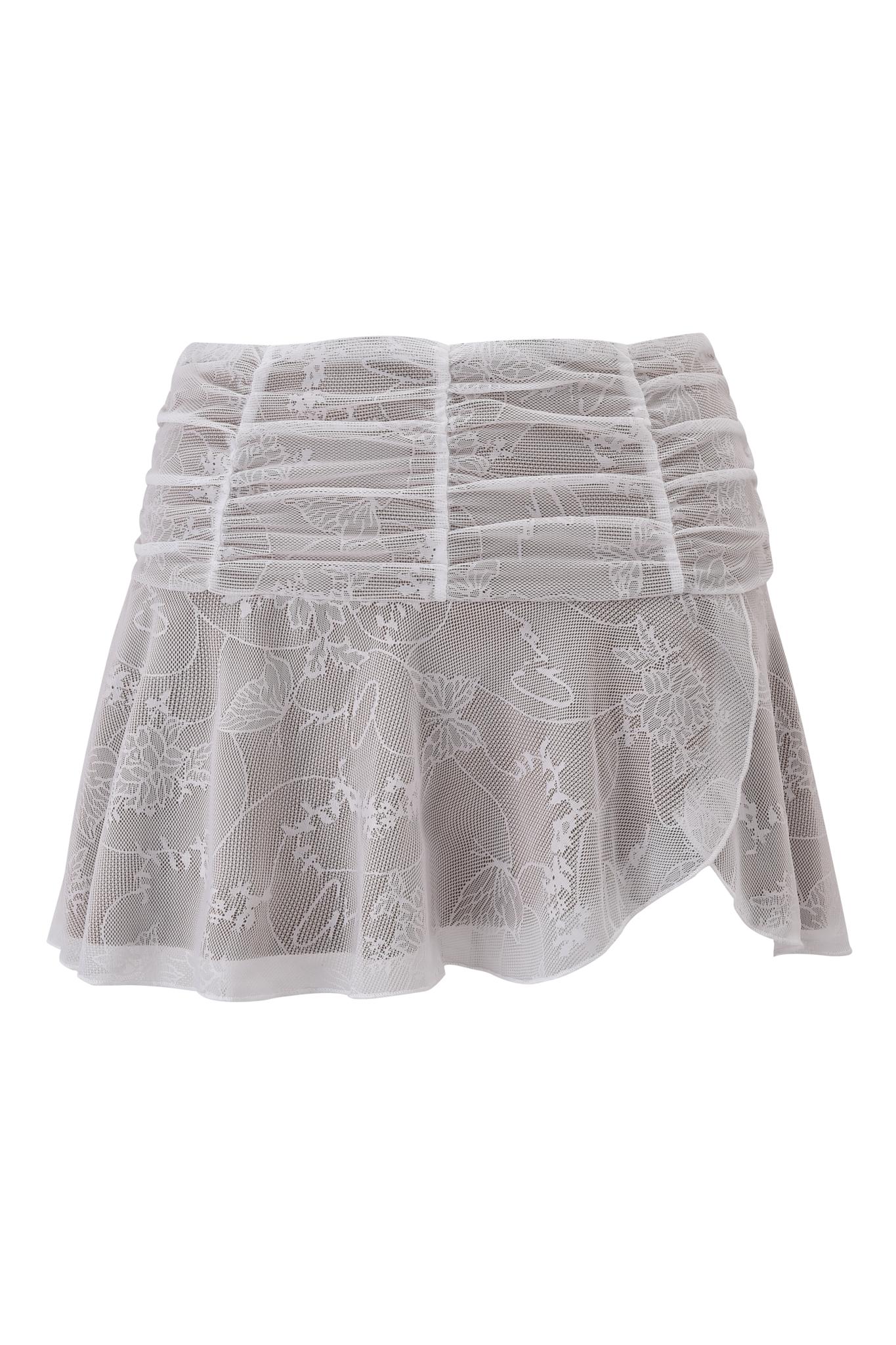 The YVETTE SKIRT - WHITE : BUTTERFLY LACE by I.AM.GIA is a sheer white mini skirt with butterfly lace, a ruched grid-patterned waistband, floral embroidery, and an asymmetrical hem.