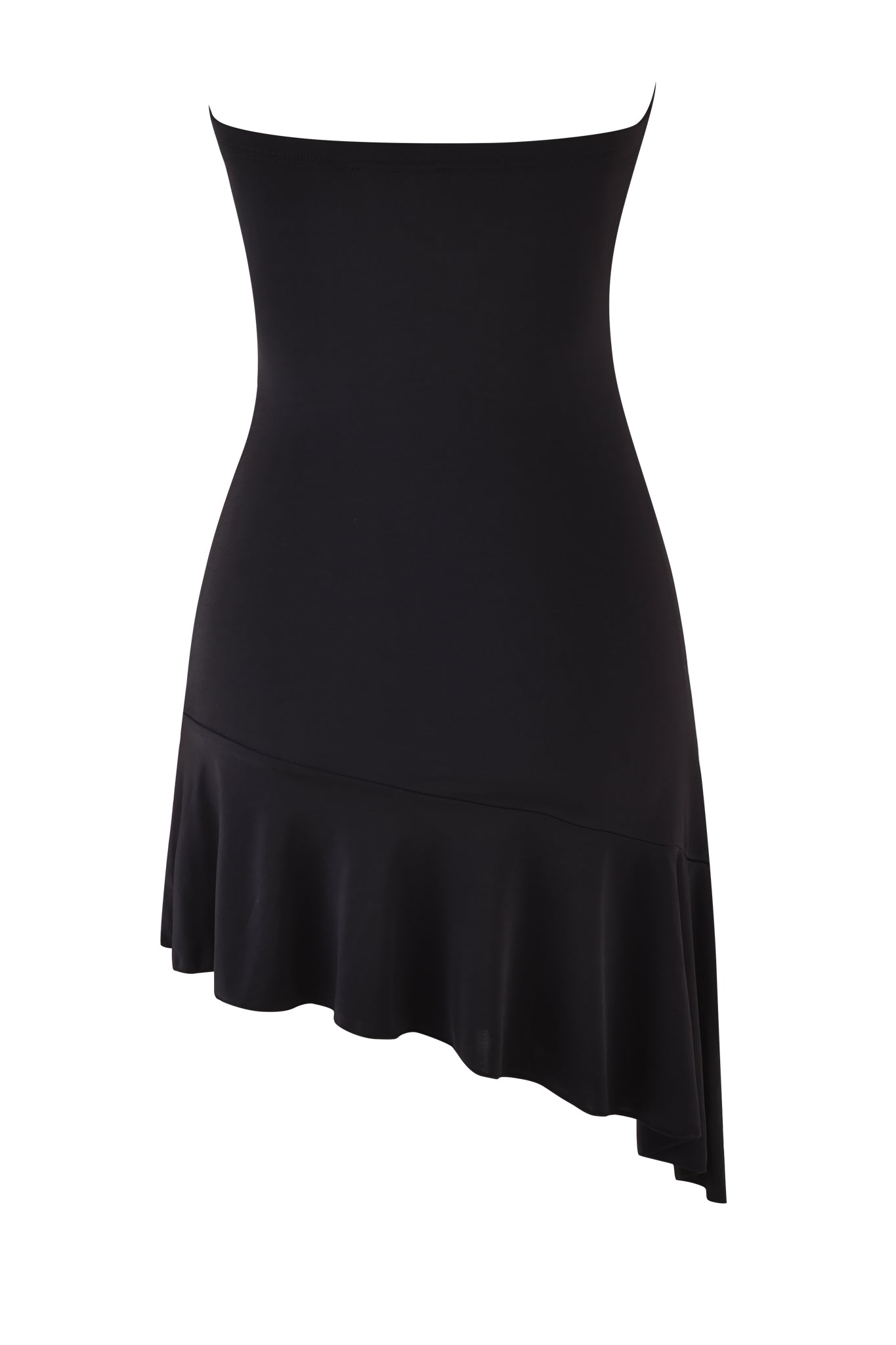 The ARLY MINI DRESS by I.AM.GIA showcases a black strapless neckline with an asymmetrical flared skirt for a graceful flow. Its elegant fabric drapes smoothly to one side, creating a chic and fitted silhouette.