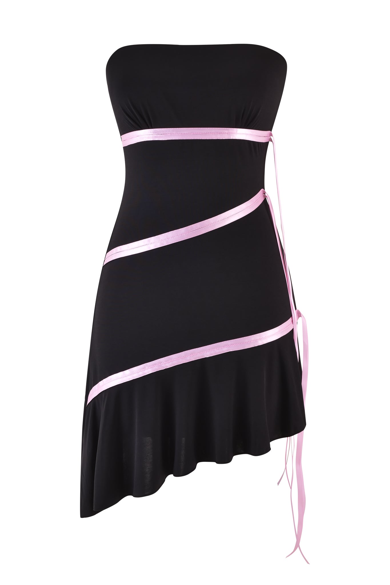The ARLY MINI DRESS - BLACK : PASTEL PINK by I.AM.GIA is a strapless masterpiece with an asymmetrical flared skirt, highlighted by three diagonal pastel pink satin ribbons and a long pink ribbon tie that adds an elegant touch to the side.
