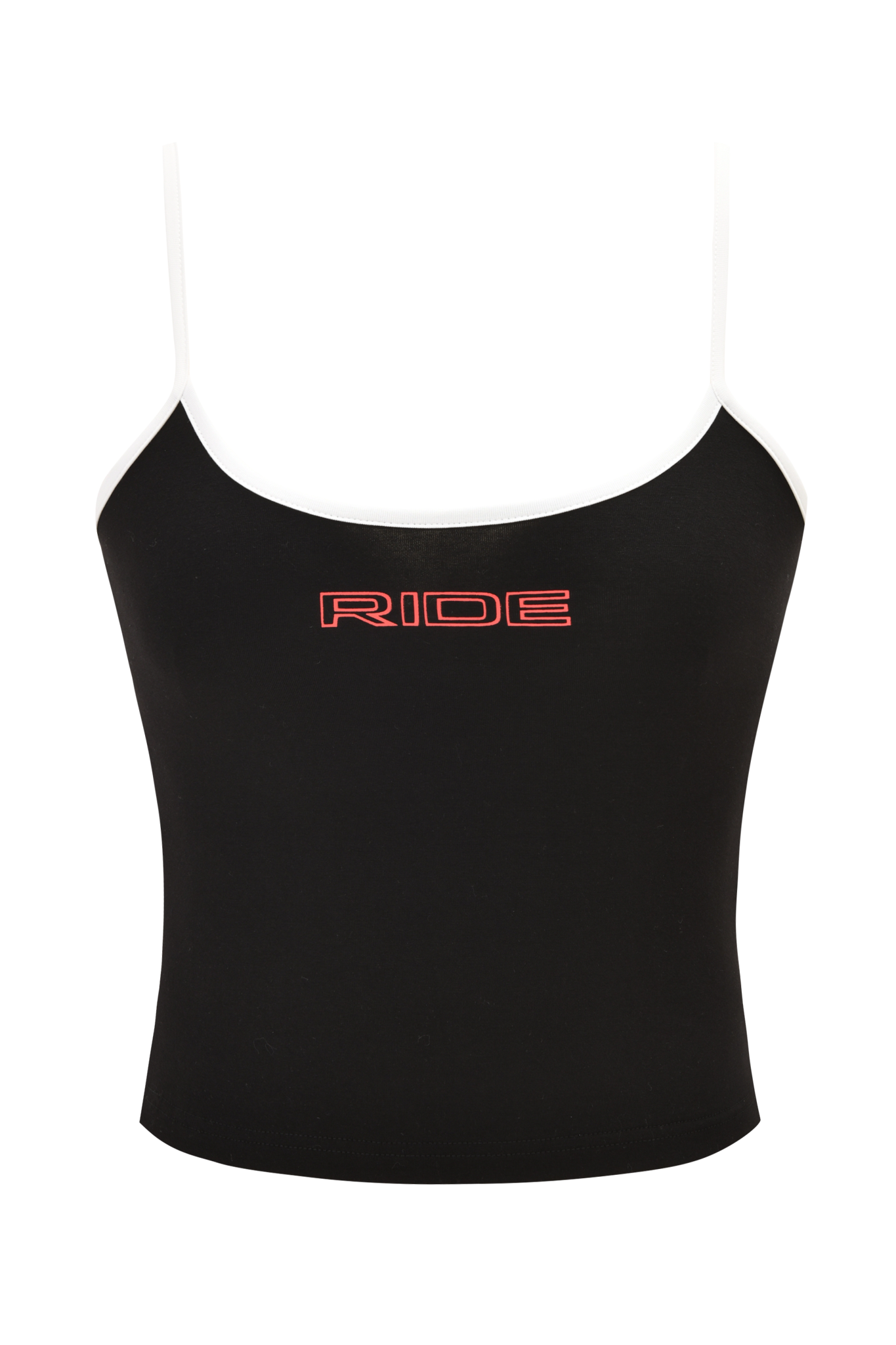 The SHAYLA TANK - BLACK by I.AM.GIA is a spaghetti strap top with bold red 'RIDE' artwork in uppercase across the chest—a signature graphic piece.