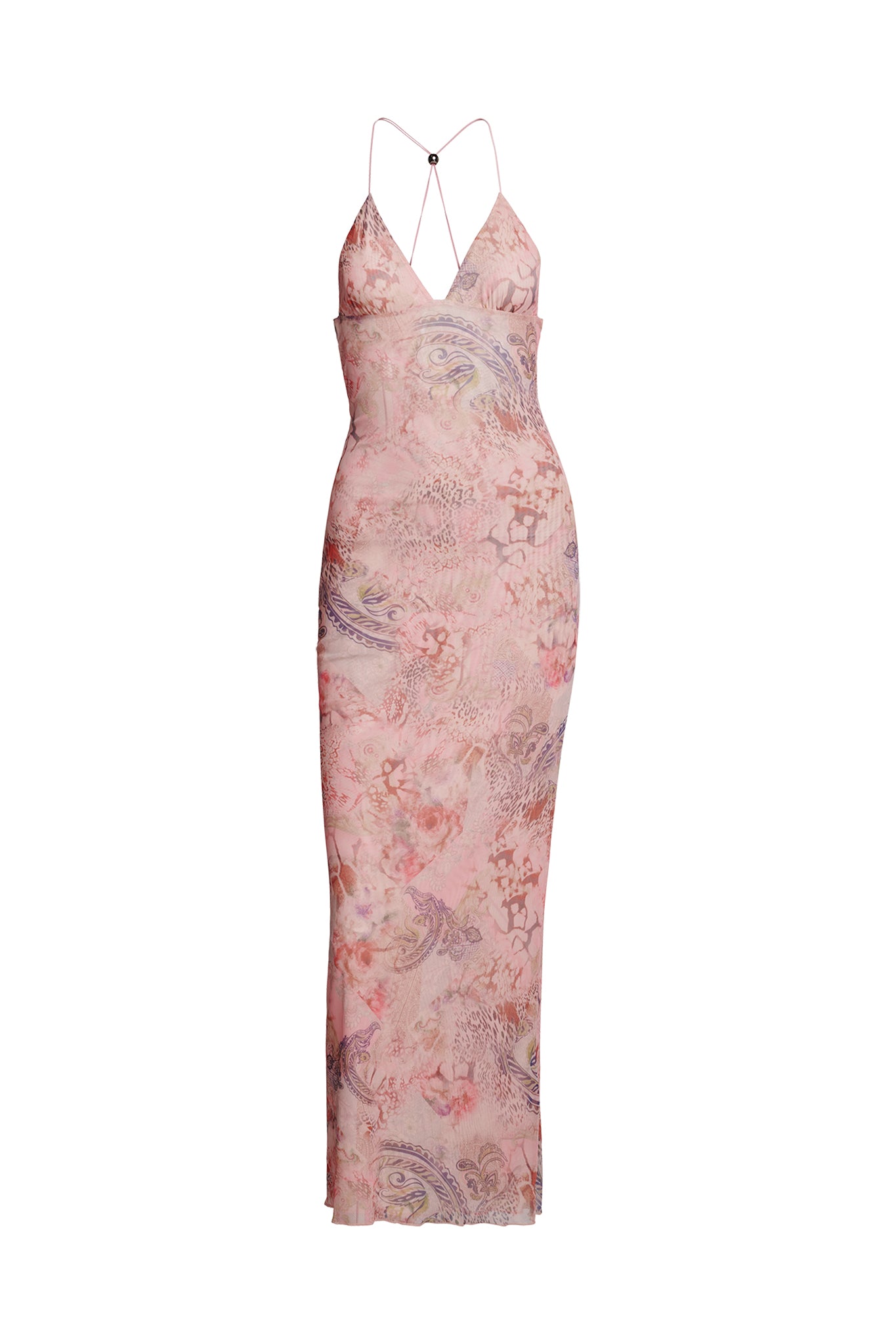 The ELLERY DRESS - PINK : FLORA PAISLEY from I.AM.GIA is a long, sleeveless dress with thin spaghetti straps and a V-neckline. It features a delicate, intricate floral and paisley pattern in soft pastel colors, boasting a form-fitting silhouette and an elegant, feminine design.