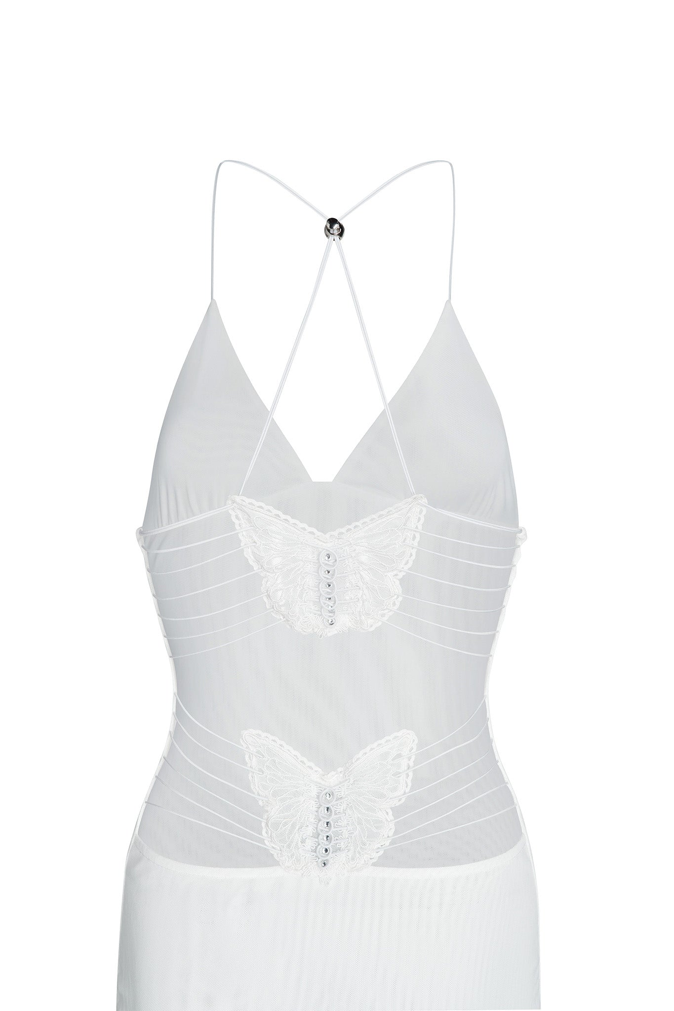 The ELLERY DRESS - WHITE by I.AM.GIA is a stunning white sheer dress featuring thin spaghetti straps that crisscross at the back. Adorned with two intricate butterfly appliqués embellished with small decorations, one at the chest and another at the waist, this dress is perfect for adding a touch of elegance to any occasion.