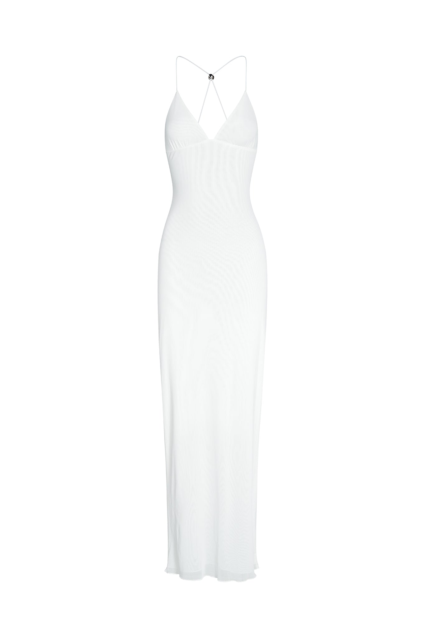 The ELLERY DRESS - WHITE from I.AM.GIA is a long, sleeveless dress featuring a V-neckline and thin spaghetti straps. It has a fitted silhouette that extends down to the ankles, and its slightly sheer fabric gives it a light and airy appearance.