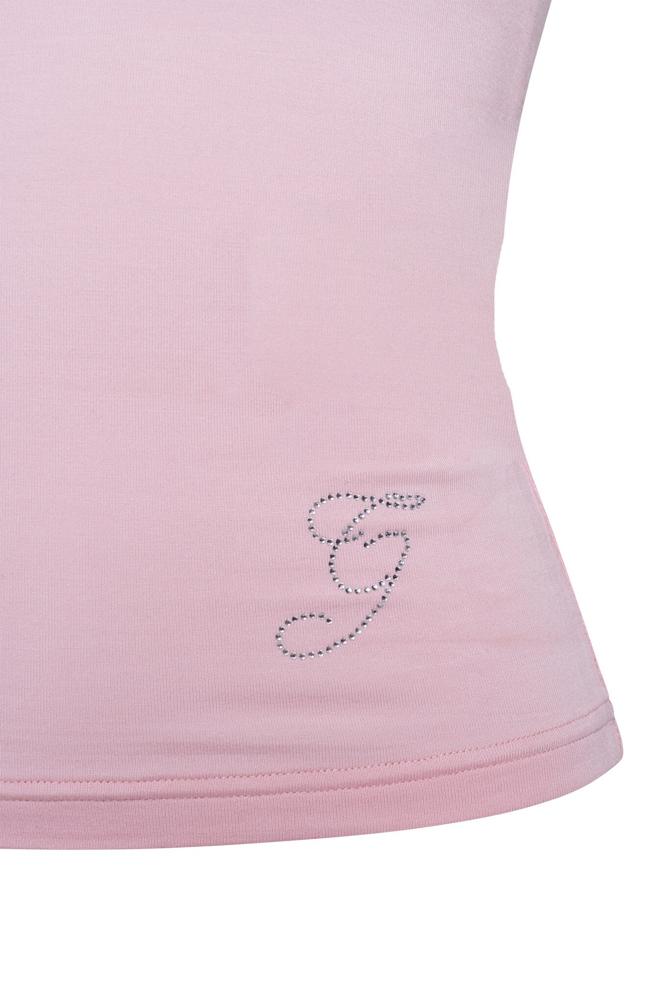 A close-up of the I.AM.GIA ERIN TOP in pink showcases a small decorative letter "G" composed of tiny rhinestones near the bottom-right side. The bodycon silhouette is crafted from smooth, slightly stretchy bamboo fabric.