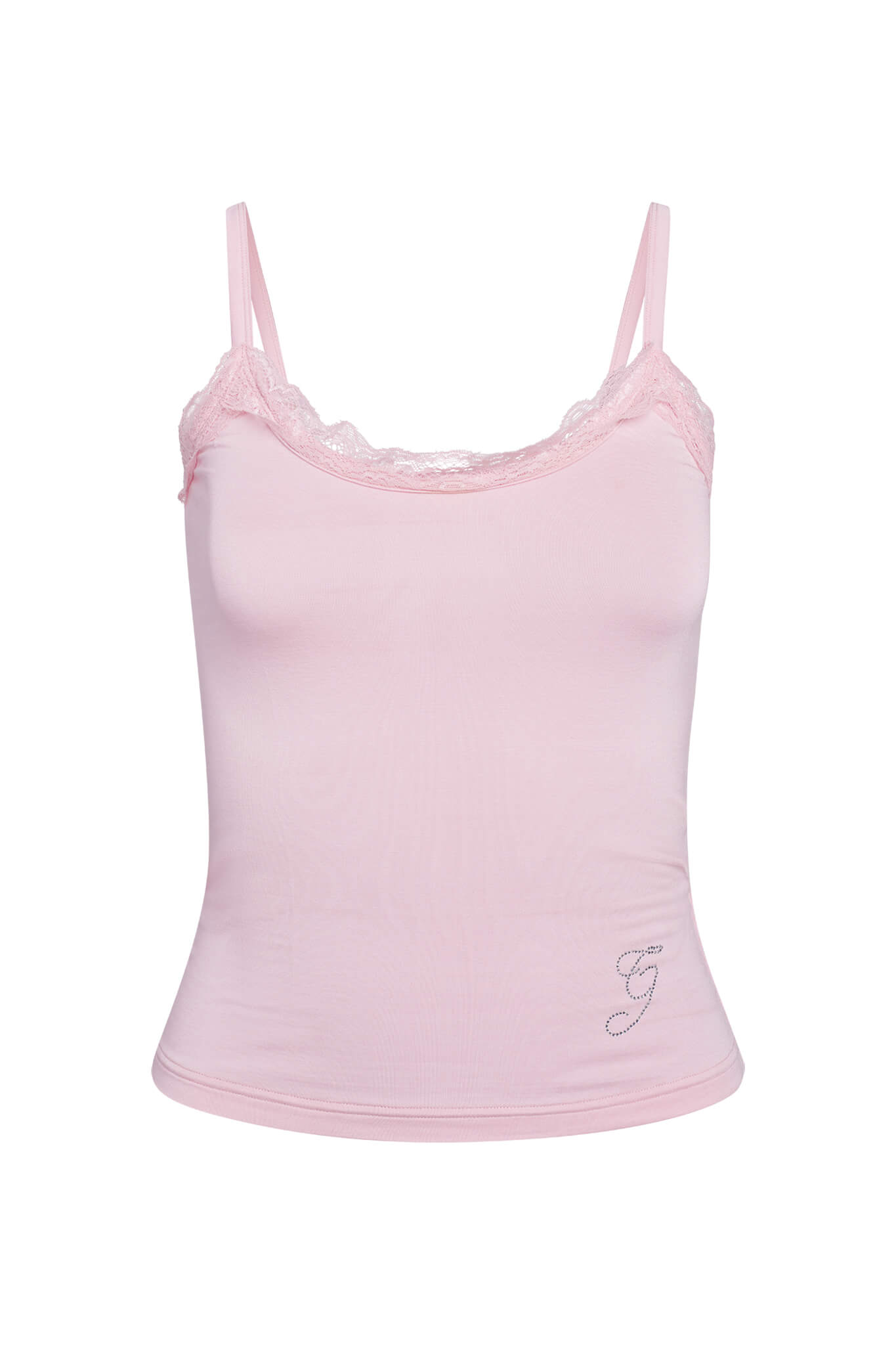 The ERIN TOP - PINK by I.AM.GIA is a cozy tank top with delicate, thin adjustable spaghetti straps. It features a lace trim along the scoop neckline and a small decorative design near the bottom hem. Made from bamboo fabrication, it provides a smooth, stretchy feel for a comfortable bodycon silhouette.
