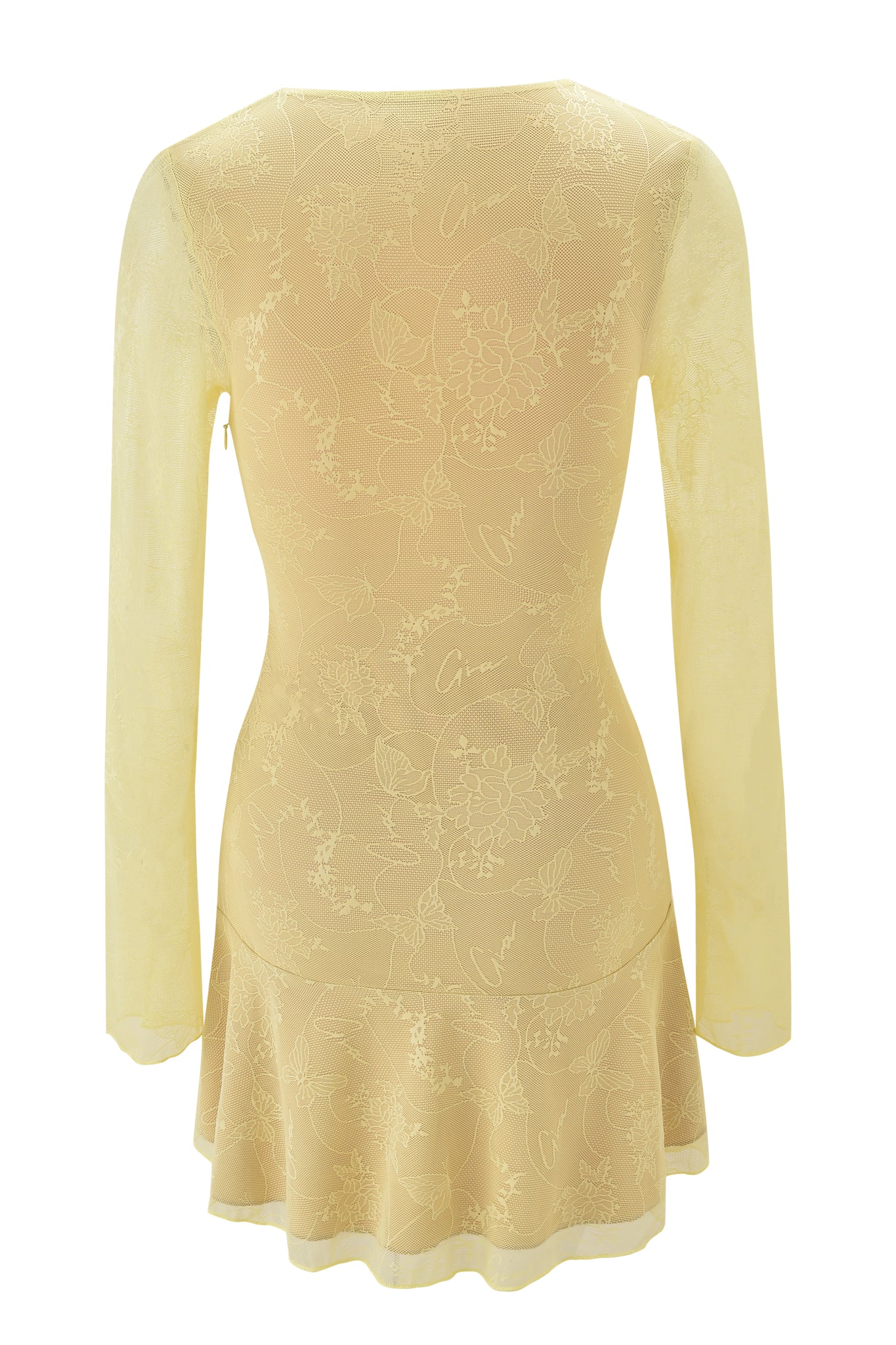 The YVETTE LACE LONG SLEEVE RUCHED MINI DRESS in yellow by I.AM.GIA features fitted long sleeves, subtle floral lace, a flared hem, ruched detailing, and a side zipper. Shown from the back against a white background.
