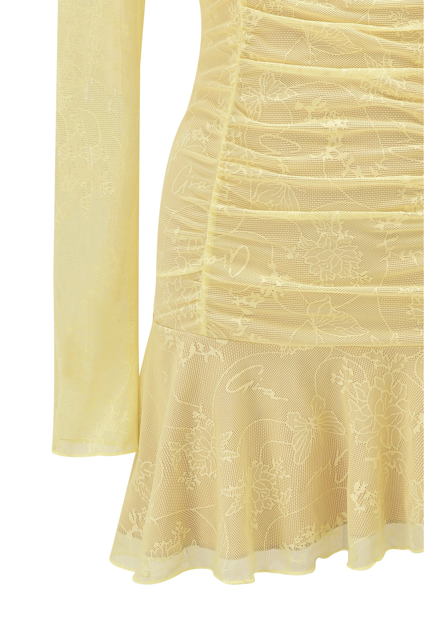 A close-up of the I.AM.GIA YVETTE LACE LONG SLEEVE RUCHED MINI DRESS in yellow, featuring delicate floral lace, ruched waist detailing, and a flared hem.
