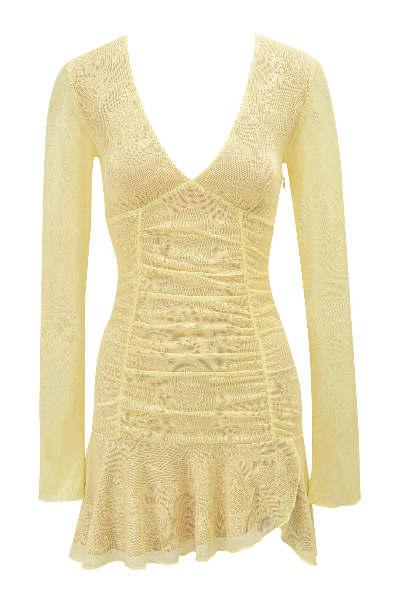 The YVETTE LACE LONG SLEEVE RUCHED MINI DRESS by I.AM.GIA features a deep V-neckline, ruched front, subtle floral lace pattern, ruffled hem, and long sleeves in yellow for a fitted, elegant look.