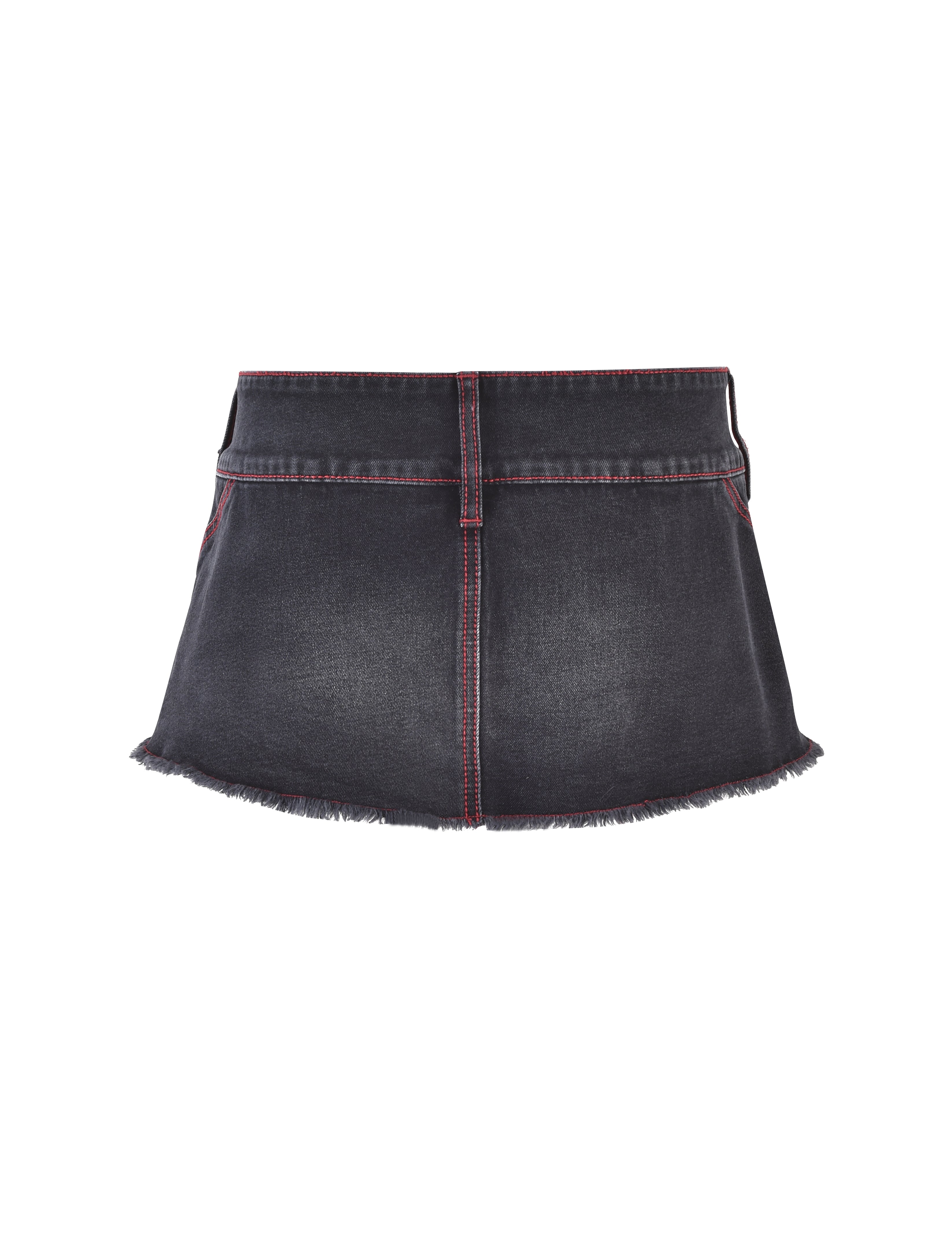 A back view of the I.AM.GIA NYKKO SKORT in black with red stitching. This skort features frayed hemline edges, belt loops, and a central back seam.
