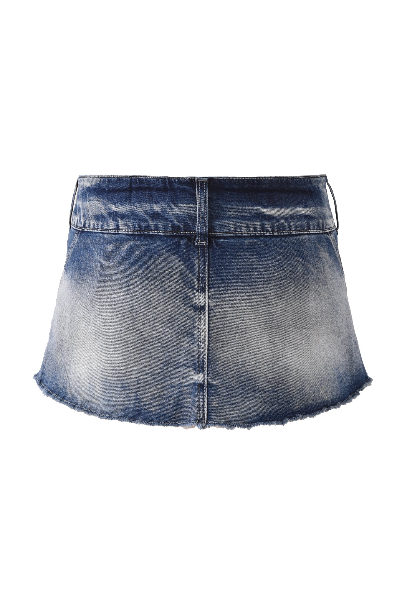 The I.AM.GIA NYKKO SKORT - ICE BLUE is a blue denim mini skort featuring a faded wash, raw frayed hem, and front seam detail, displayed on a white background.